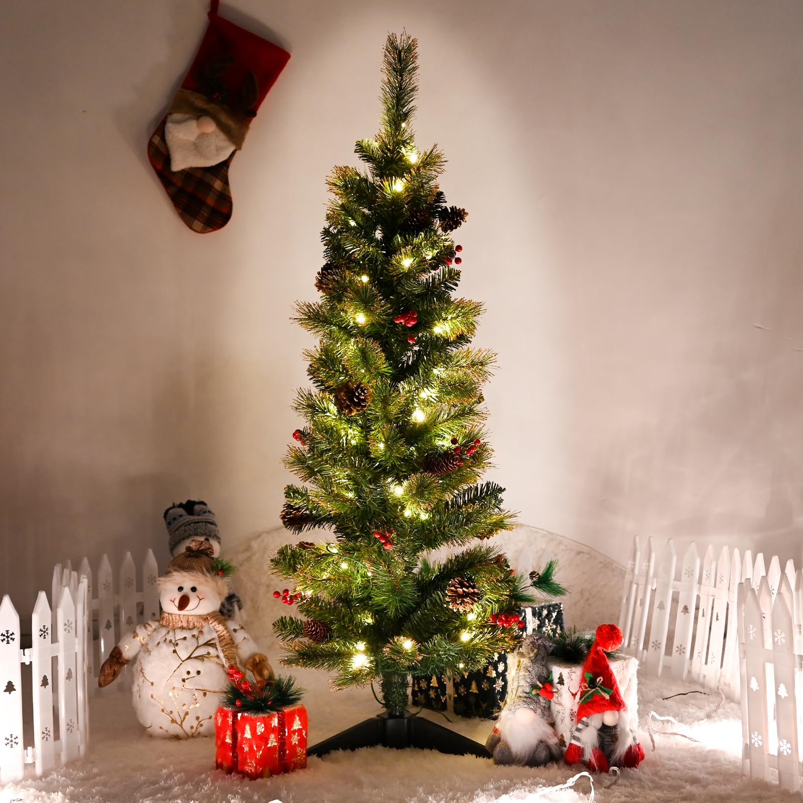4FT Christmas Tree with Pine Cones and Red Berries,Pop up Green Christmas Tree with Lights,Lighted-up Mini Tree with Pine Cones