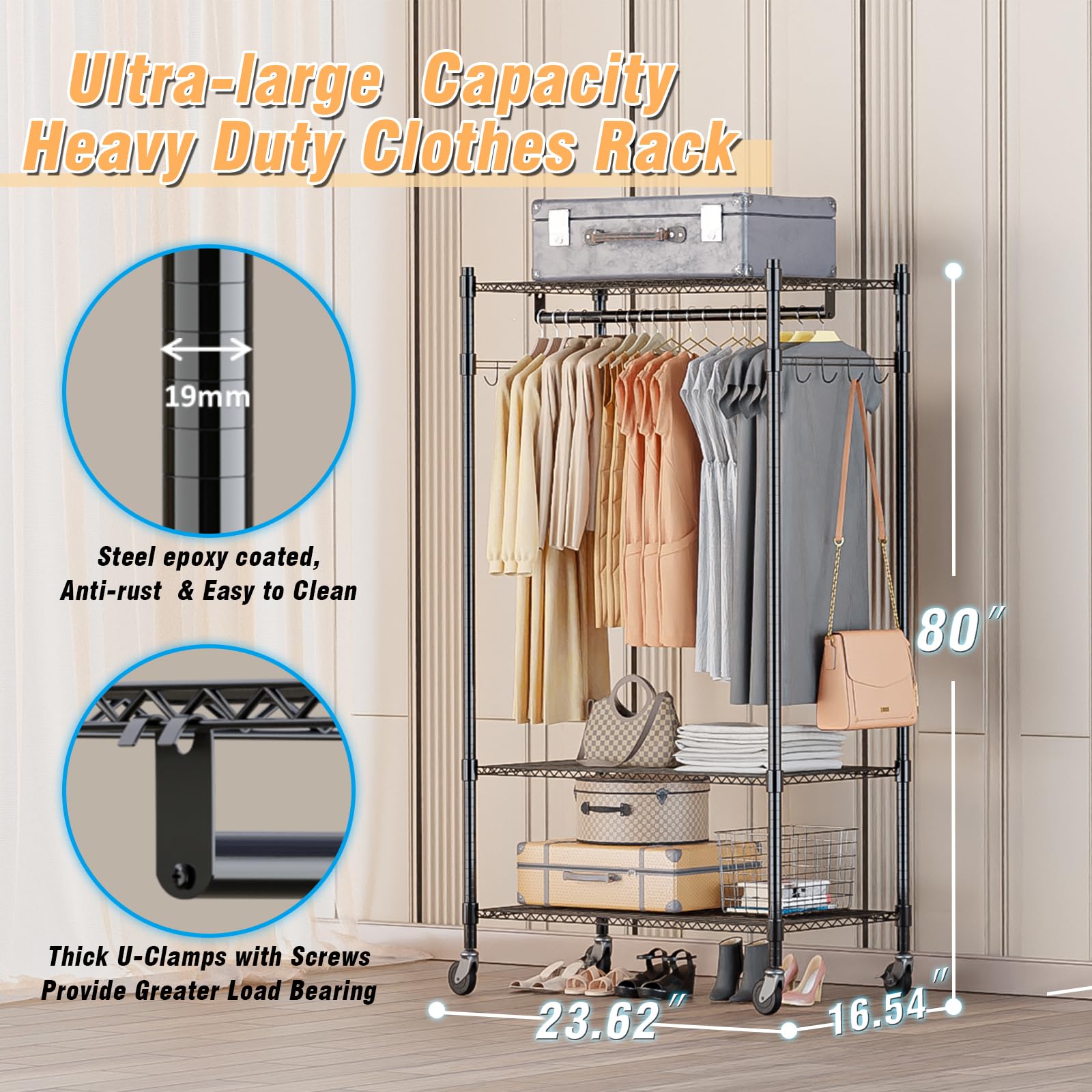 Homdox Heavy Duty Clothing Rack With 3 Tier Adjustable Wire Shelves, Garment Racks For Hanging Clothes, Double Rods Clothing Rac