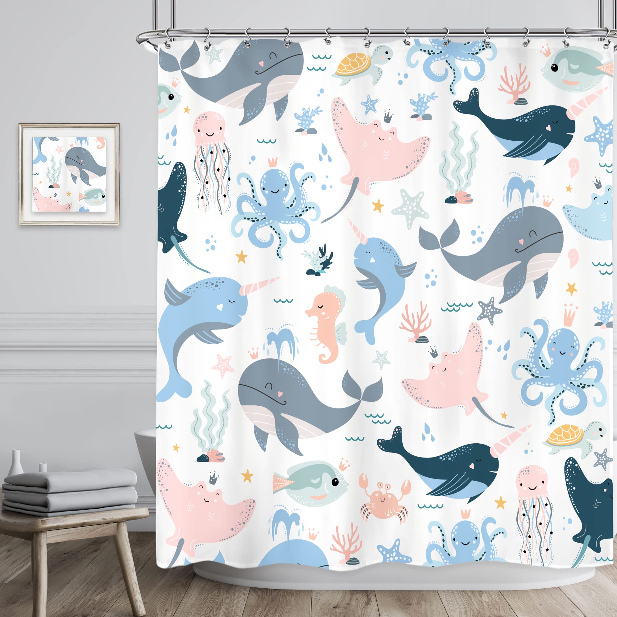 Riyidecor Ocean Whale Kids Shower Curtain 60Wx72H Inch Underwater Cartoon Animal Octopus Jellyfish Sea Life Cute Pink Blue Seawe