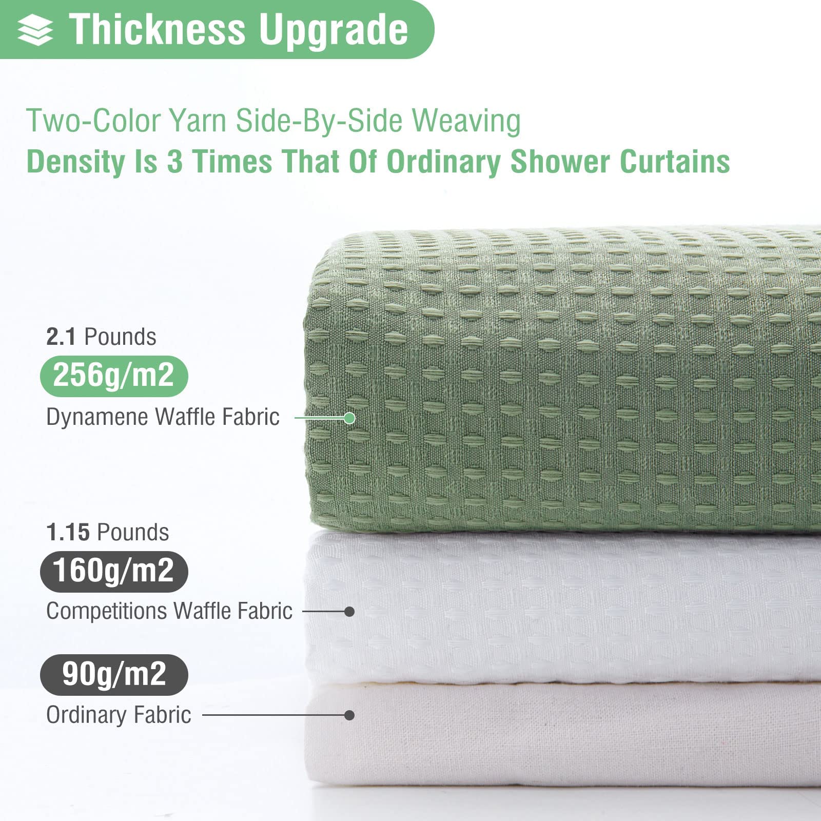 Dynamene Stall Fabric Shower Curtain - 36x72 Waffle Weave Weighted Cloth Shower Curtains for Bathroom  Neutral Heavy Duty Hotel Spa Luxury Bath Curtain Set with 6 Plastic Hooks Sage Green