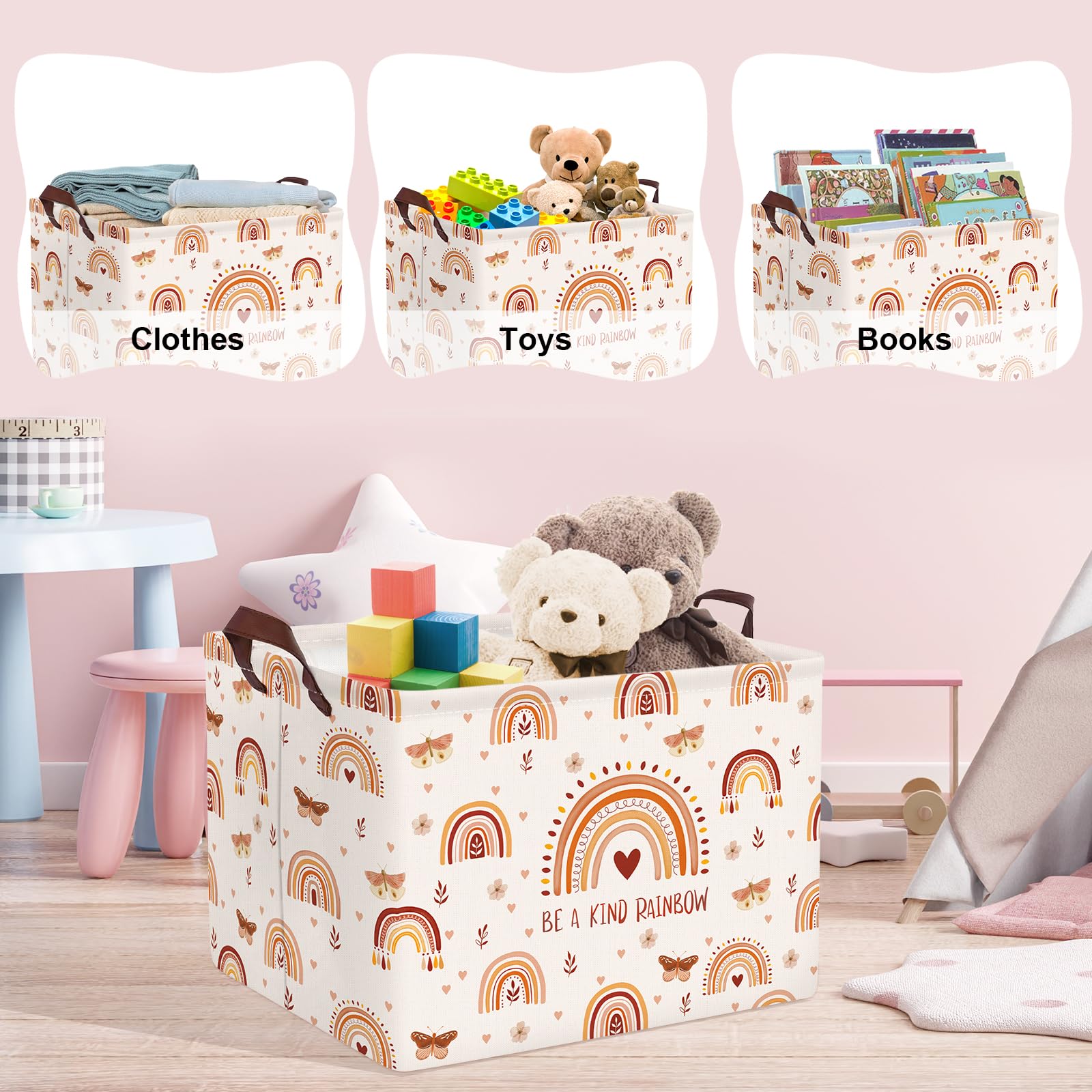 Clastyle Boho Rainbow Toy Basket Rectangle Butterfly Flower Pink Girl Basket Kid Room Decor Clothes Nursery Hamper Baby Gift Boo