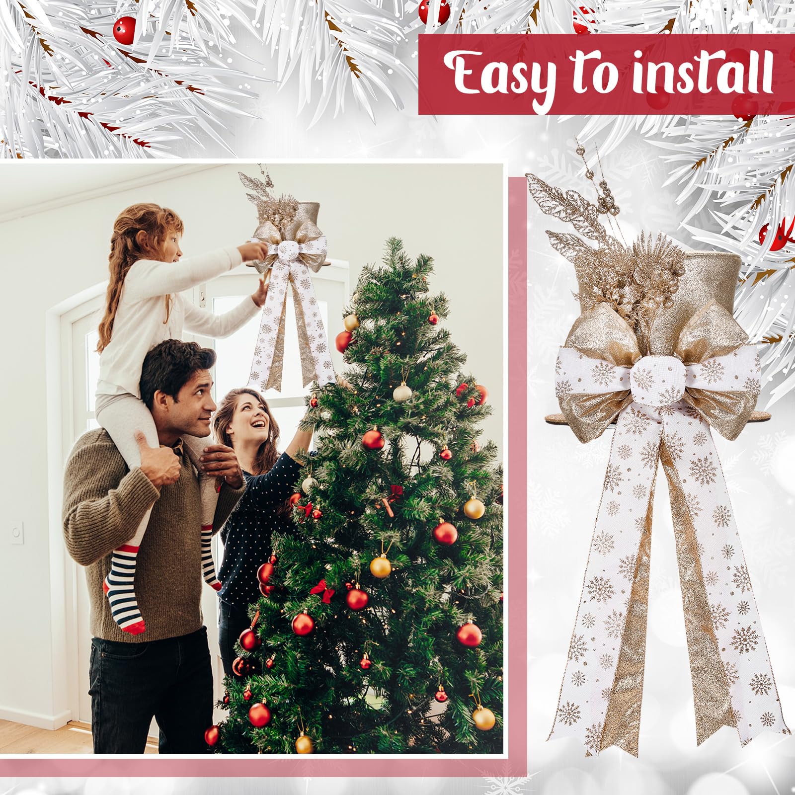 Poen Christmas Tree Topper Hat Shiny Sequins Top Hat with Bow Lengthened Ribbon Tree Topper Santa Christmas Decorations for Xmas