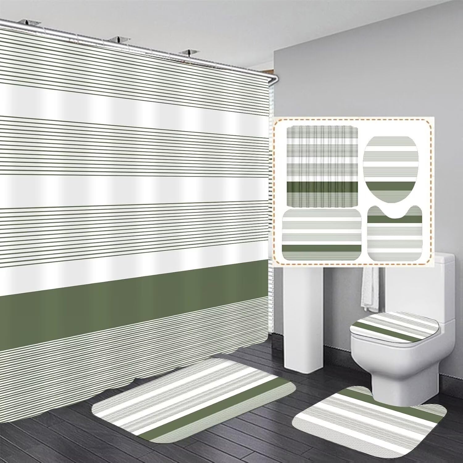 Ddqq 4Pcs Boho Streak Shower Curtain Sets With Rugs Sage Green Stripe Bathroom Sets Shower Curtain With 12 Hooks Bathroom Decor