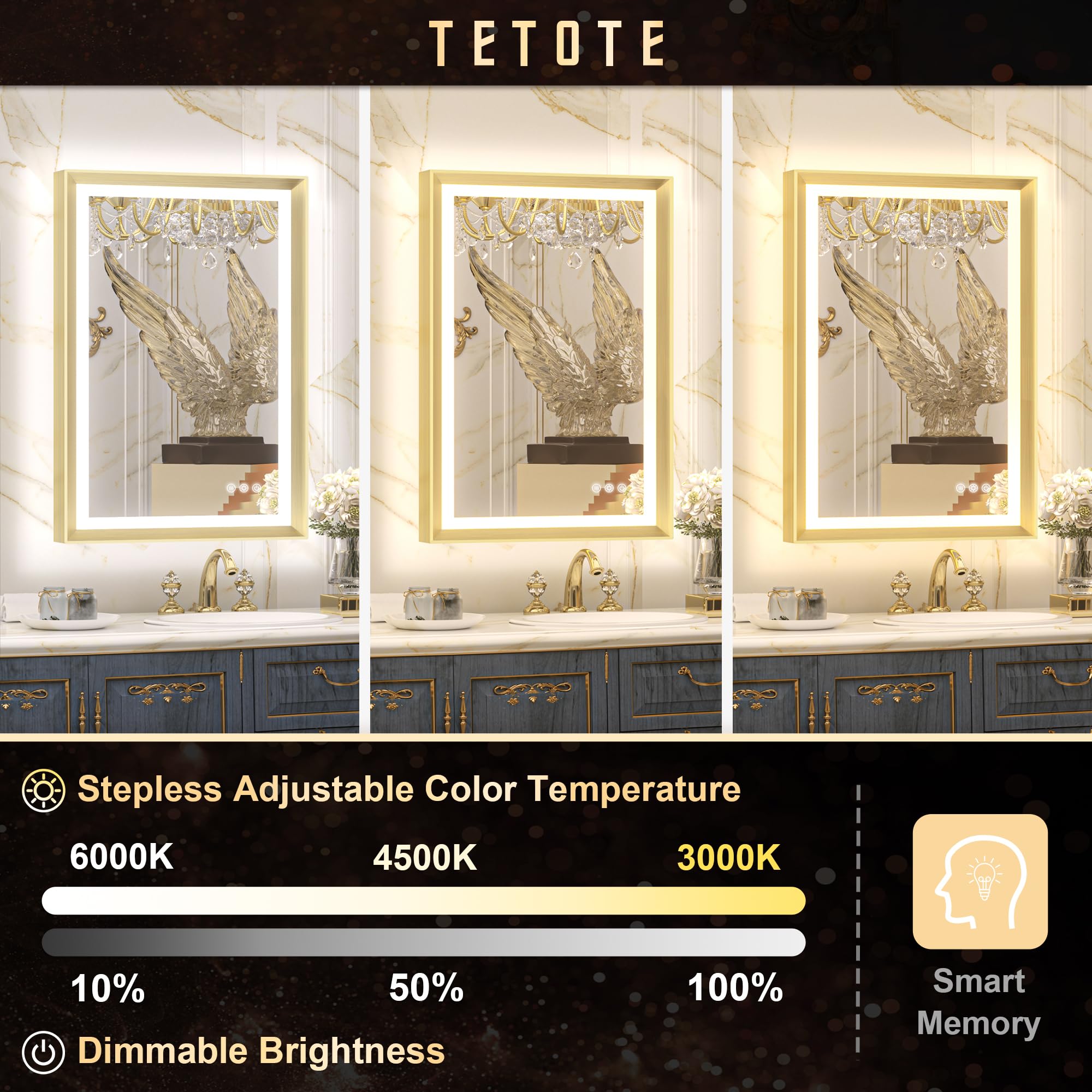 Tetote Gold Led Bathroom Mirror With Lights 24X36 Frontlit & Backlit Vanity Framed Mirror Baroque Anti Fog Stepless Dimmable Whi