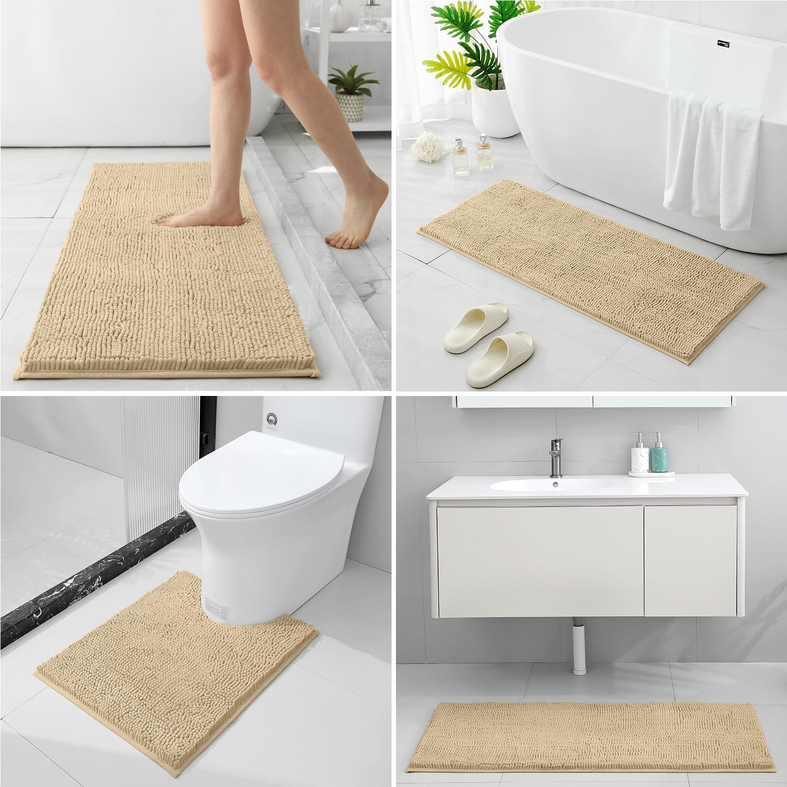 Homeideas 3 Pieces Bathroom Rugs, Extra Large Ultra Soft Non Slip Absorbent Chenille Toilet Bath Mat Set (Beige)