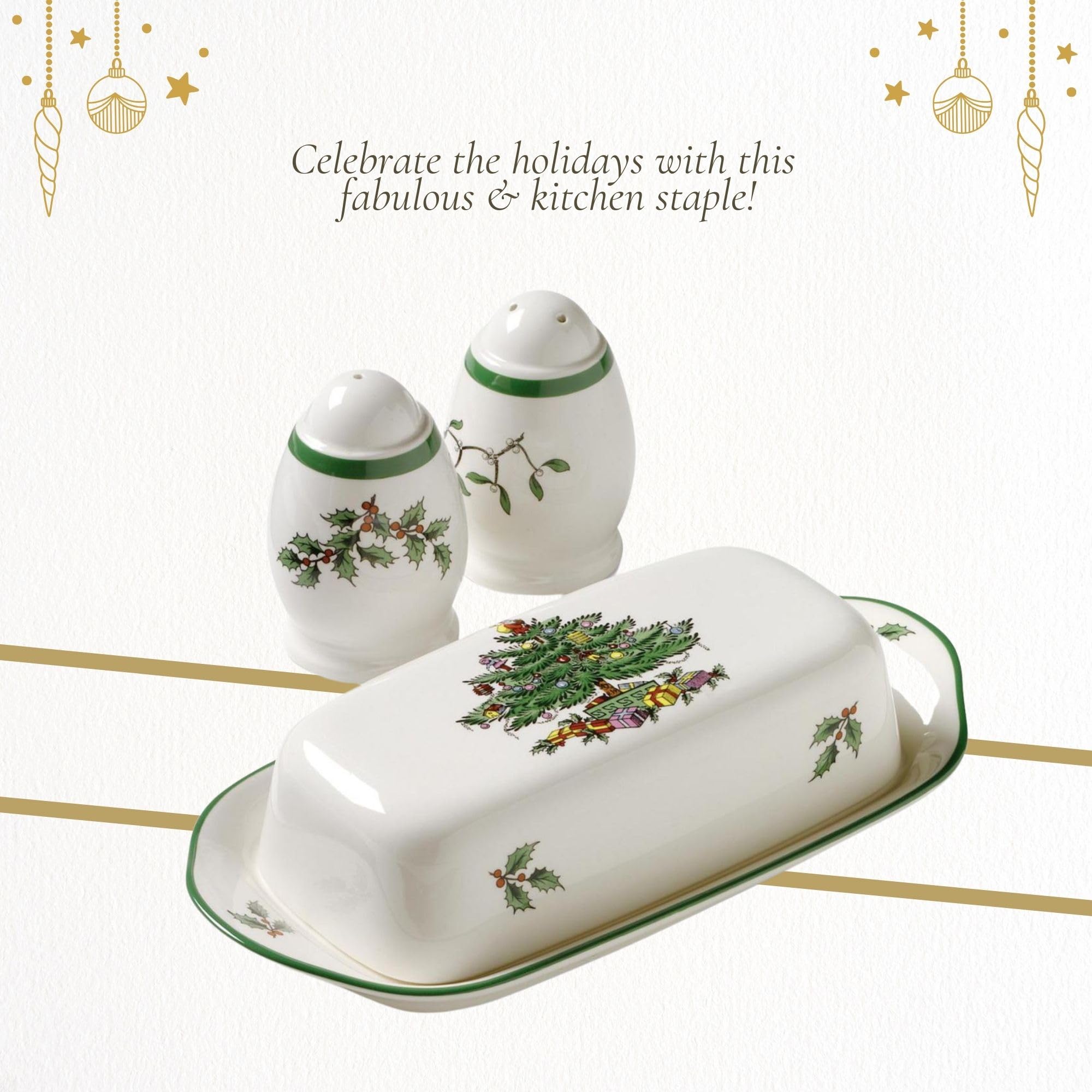 Spode Christmas Tree Hostess Set - 3-Piece Butter Dish, Salt & Pepper Shakers - 7.5" L, Multicolor, Model 1359477, Dishwasher Safe