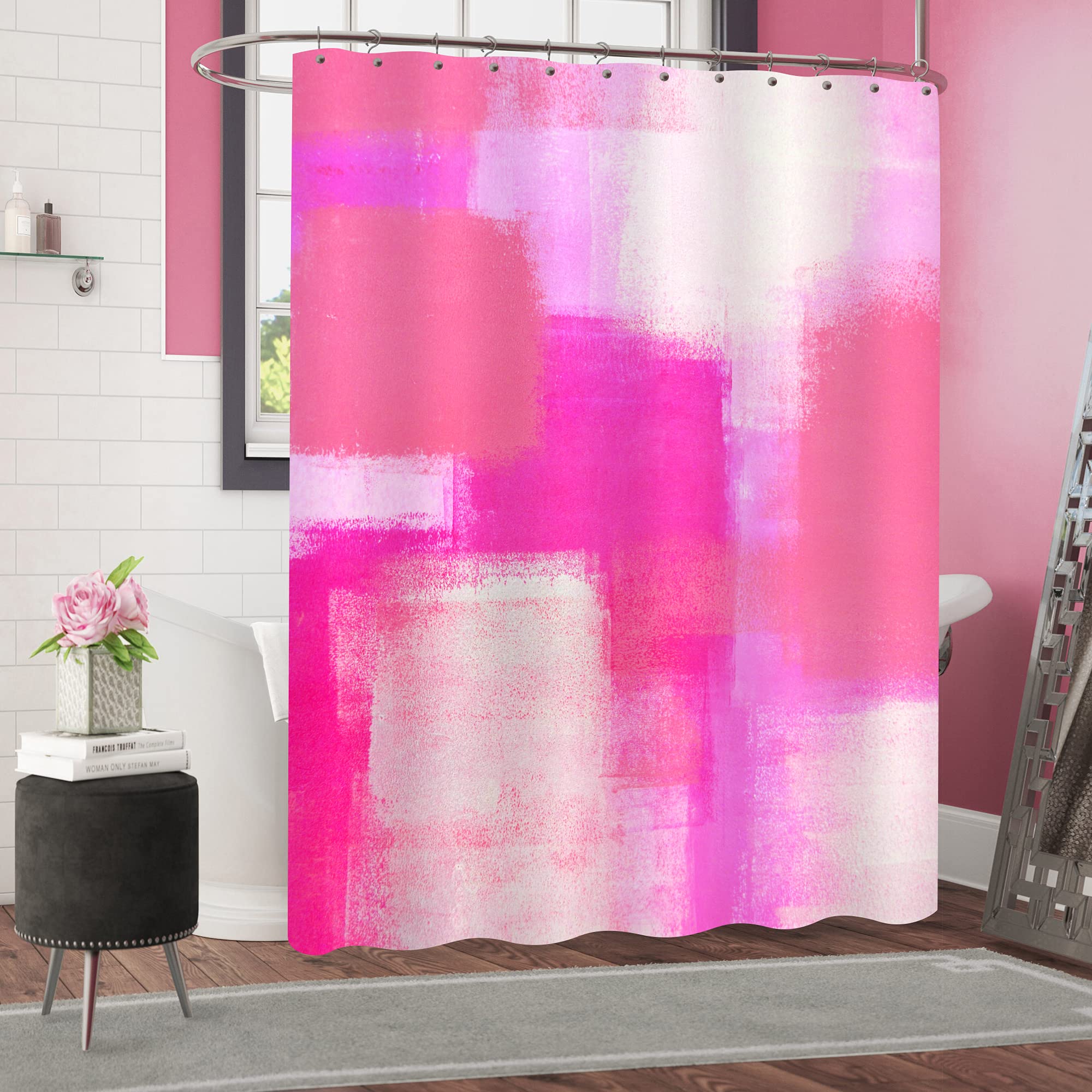 Mitovilla Hot Pink Shower Curtain Set With Hooks, Abstract Ombre Grunge Style Shower Curtain For Bathroom, Dark Pink & Peach Art