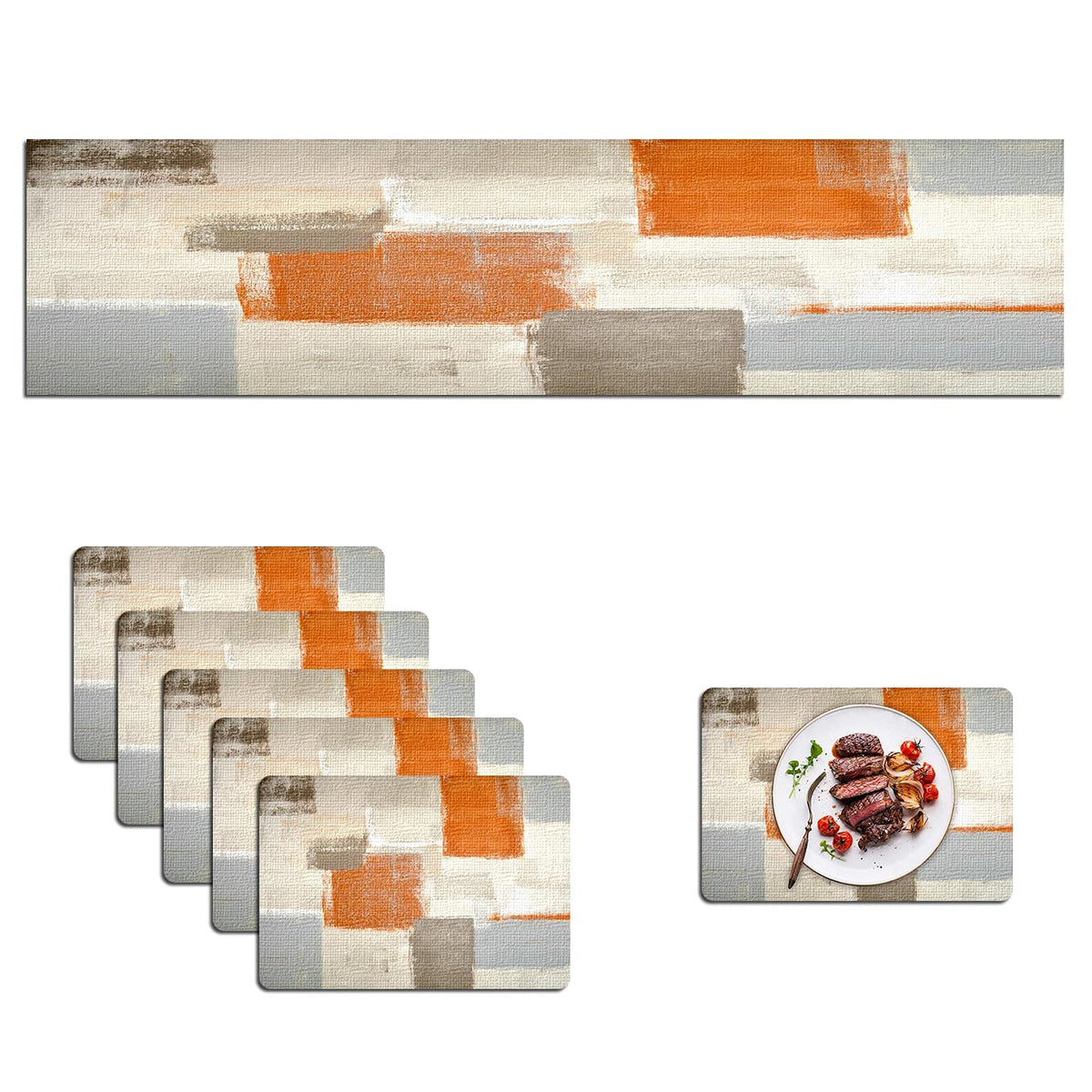 Mcalk Farmhouse Orange Table Runner And Placemats Set Of 6 Pieces, Brown Placemats Modern Art,Grey Abstract Art Cloth Place Mats