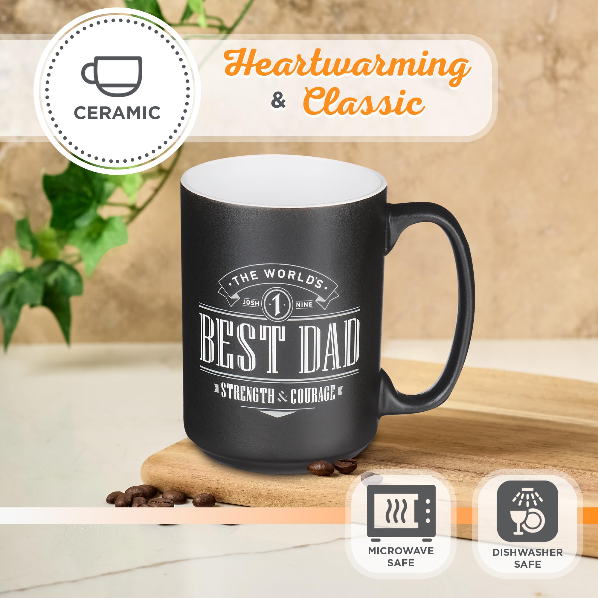 Christian Art Gifts Coffee Mug W/Scripture, World'S Best Dad Strength Courage Joshua 1:9 Black/White, Microwave/Dishwasher Safe,
