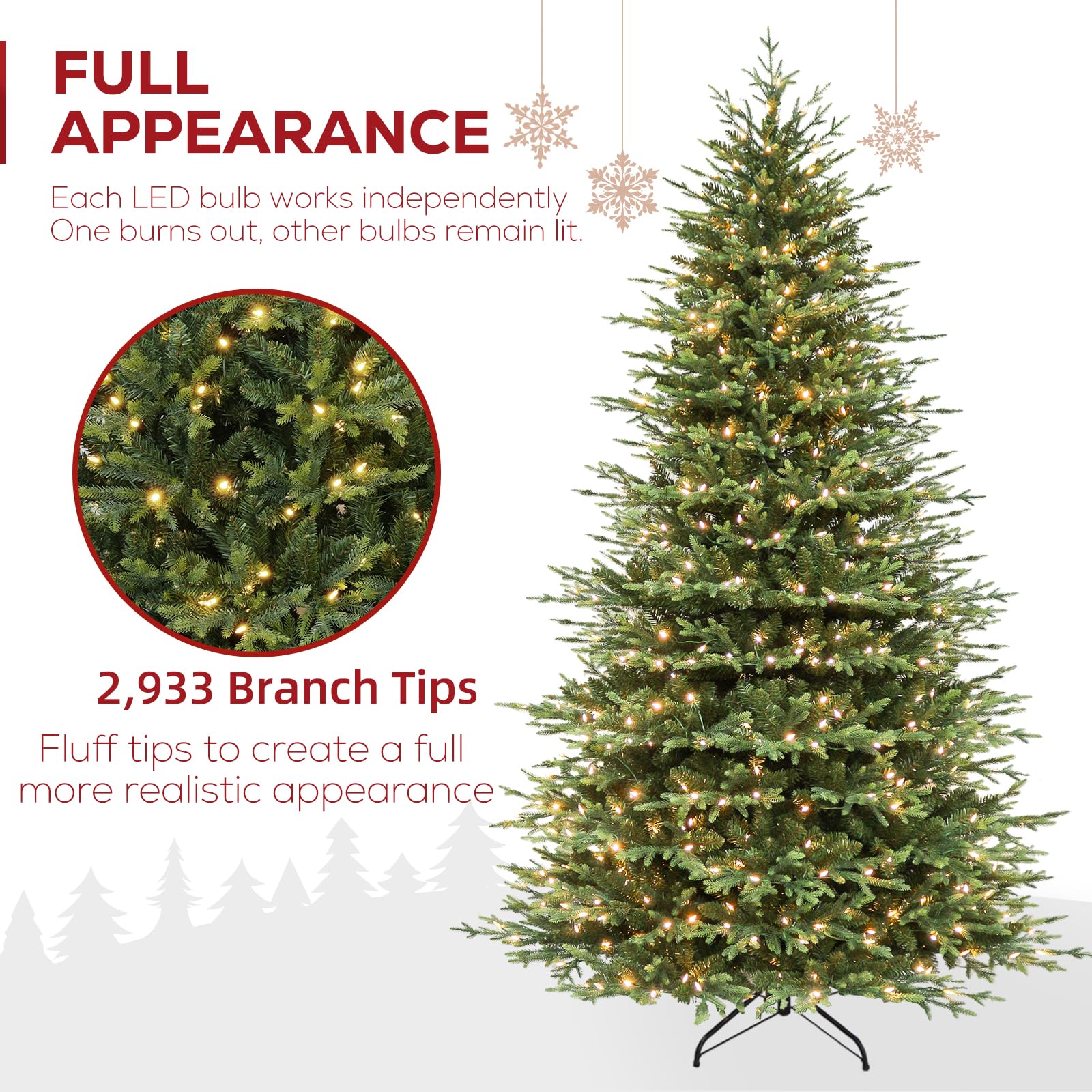Hykolity 7.5 ft Prelit Artificial Christmas Tree, 2933 PE&PVC Branch Tips, 450 Warm White LED Lights, Metal Stand and Hinged Bra