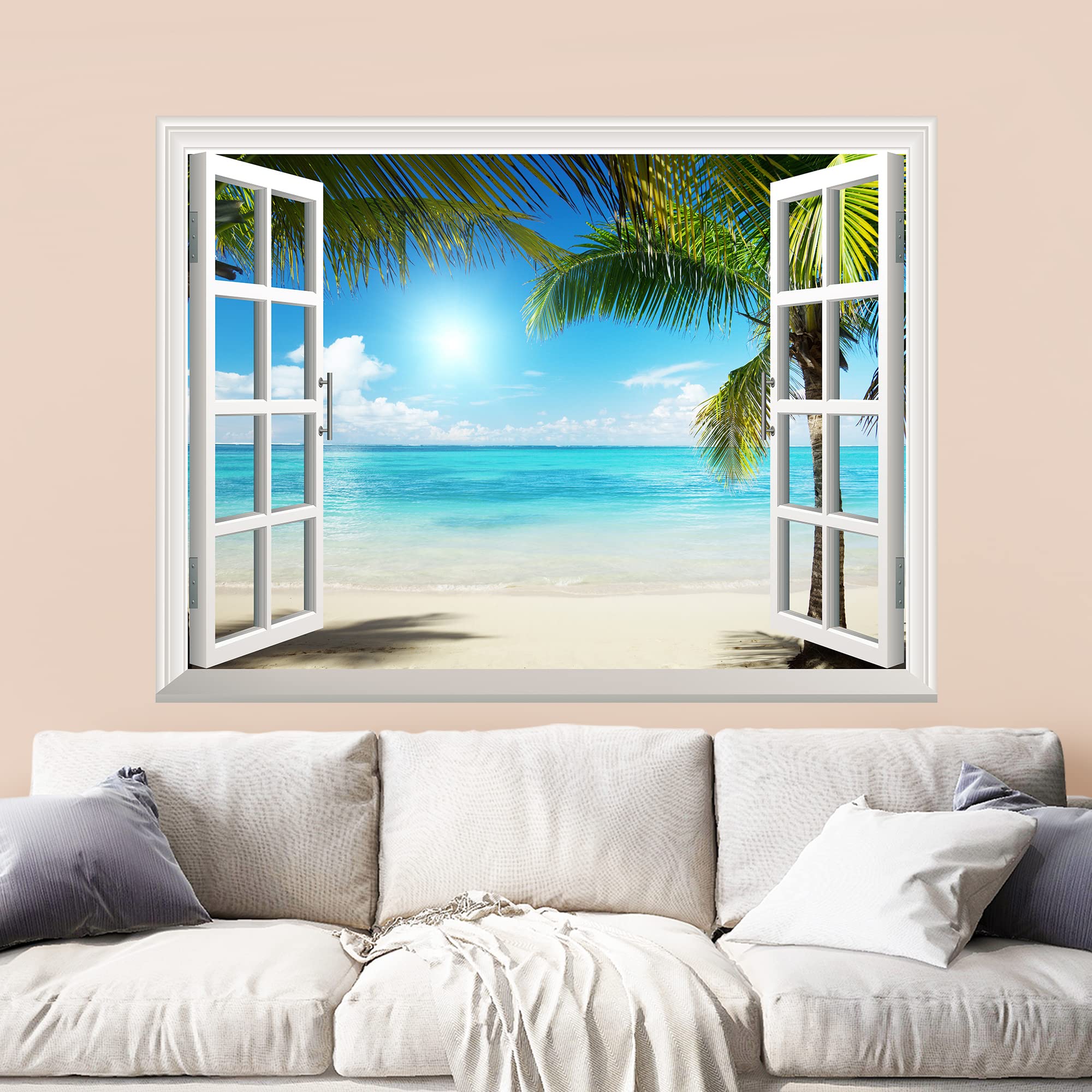 Wall26 White Sand Beach With Palm Tree Open Window Wall Mural, Removable Sticker, Home Decor - 36X48 Inches