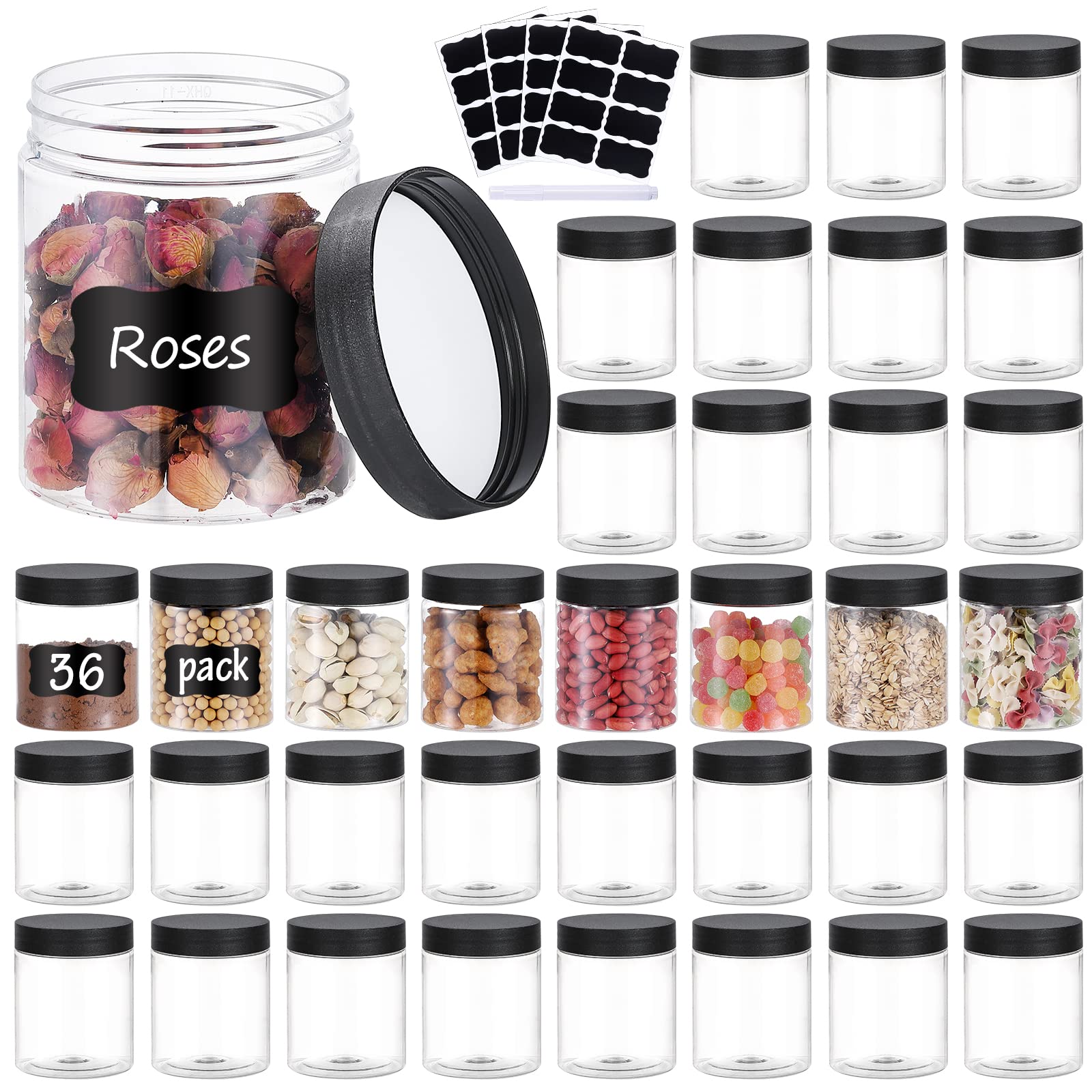 36Pcs 8Oz Plastic Jars With Screw On Lids, Pen And Labels Refillable Empty Round Slime Cosmetics Containers For Storing Dry Food