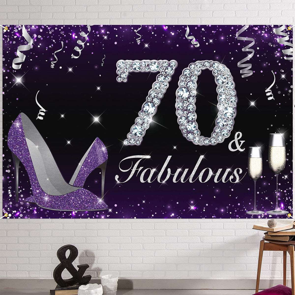 Hamigar 6X4Ft Happy 70Th Birthday Banner Backdrop - 70 & Fabulous Heels Birthday Decorations Party Supplies For Women - Purple