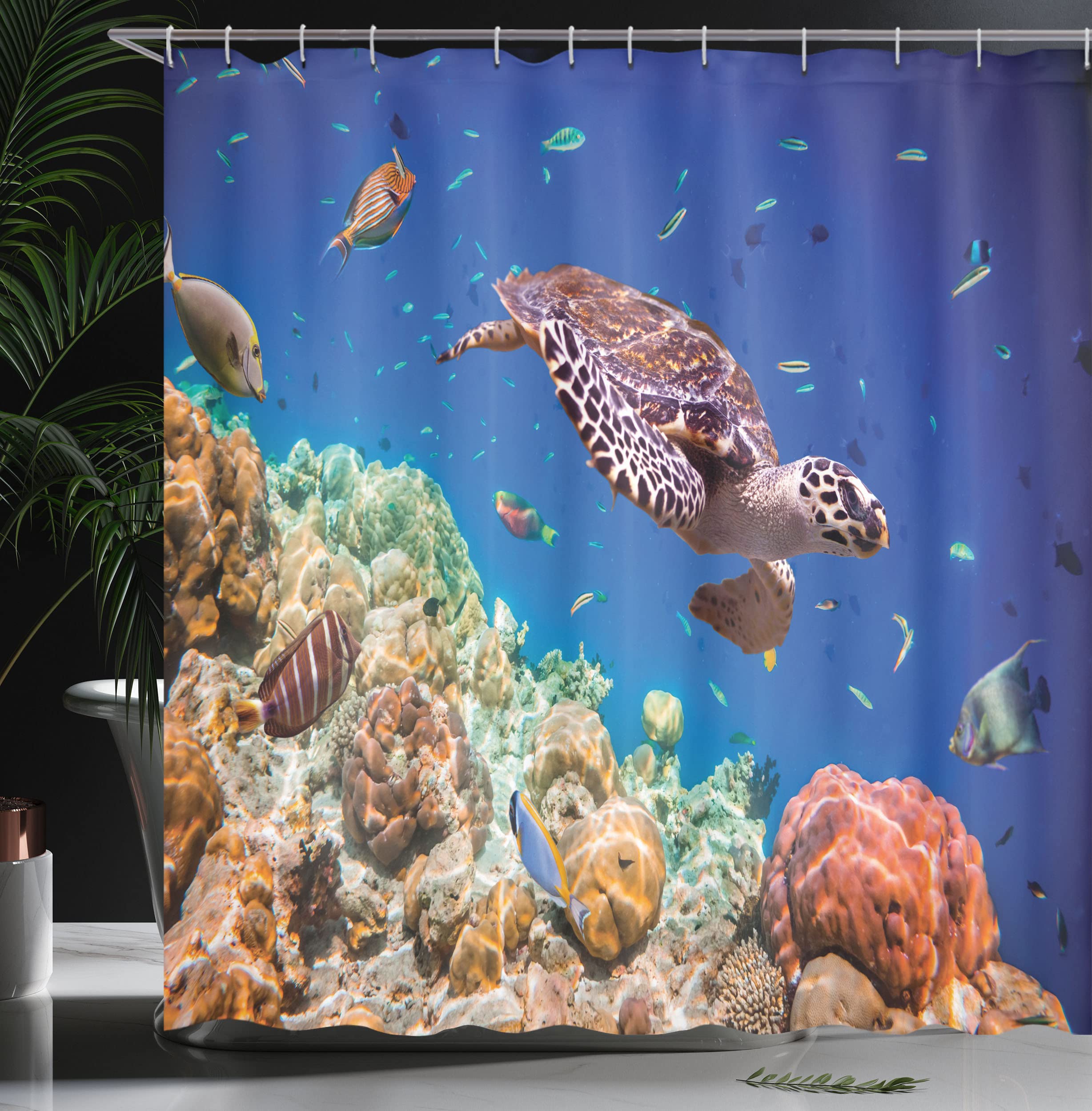 Ambesonne Ocean Shower Curtain, Tropical Sea Turtle Swimming In Sea Maldives Image, Cloth Fabric Bathroom Decor Set With Hooks,