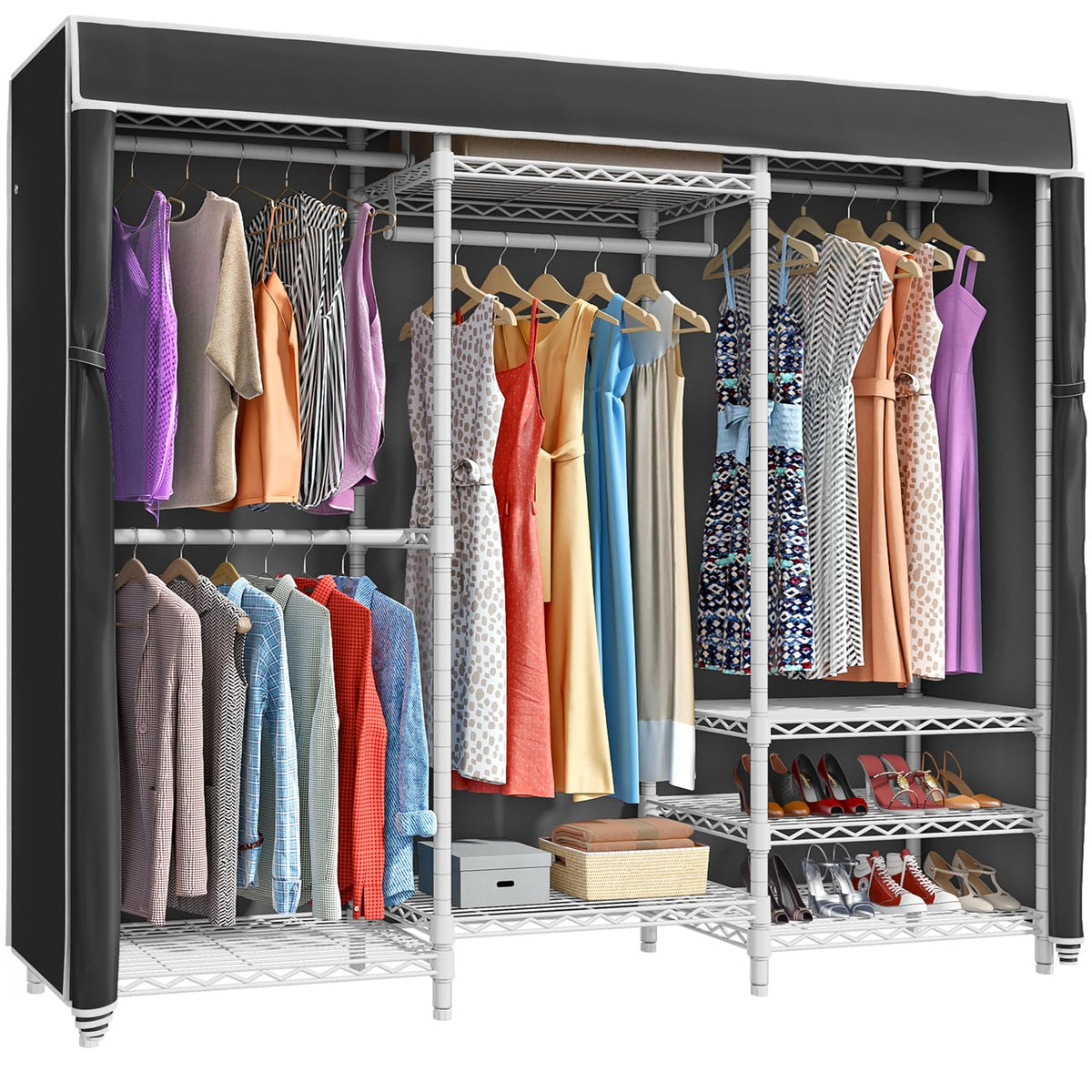 Vipek V5C Bedroom Armoires Portable Clothes Closet Rack, White Metal Clothing Rack With Black Cover, Adjustable Custom Freestand