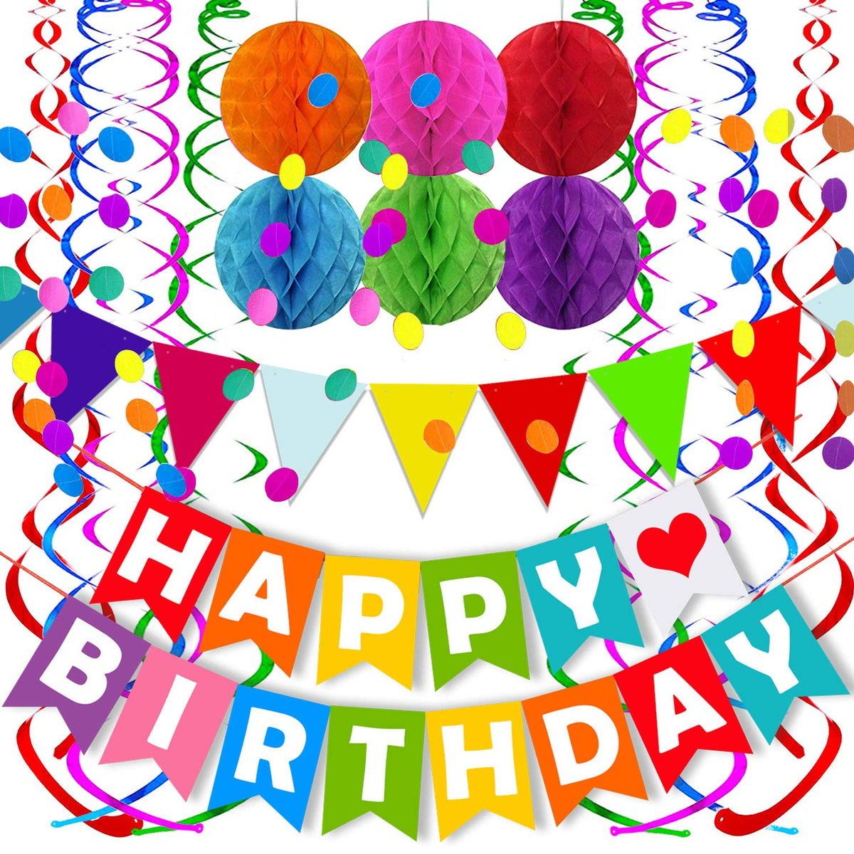 Fecedy Colorful Happy Birthday Banner Paper Triangle Flag Bunting Circle Confetti Dots Hanging Garland And Honeycomb Ball Swirl