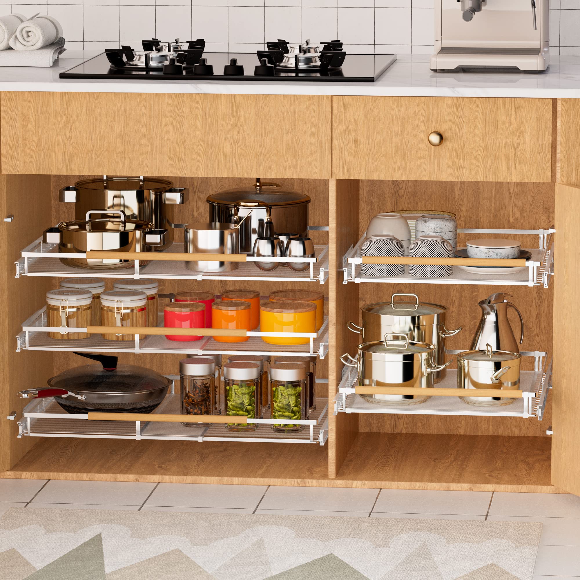 Wejipp Pull Out Cabinet Drawer Organizer Expendable Slide Out Pantry Storage Shelves Heavy Duty Stainless Steel Shelf For Kitche