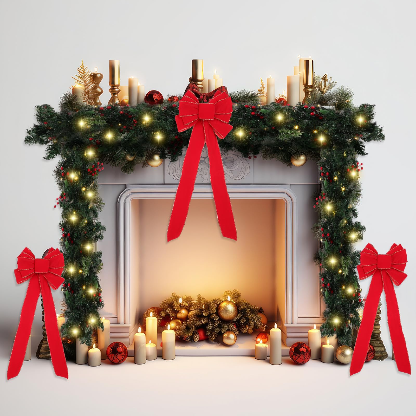 6 Pcs Set 9 Feet Prelit Christmas Garland with Lights and 5 Giant Red Christmas Bows 50 LEDs Battery Operated Christmas Garland 