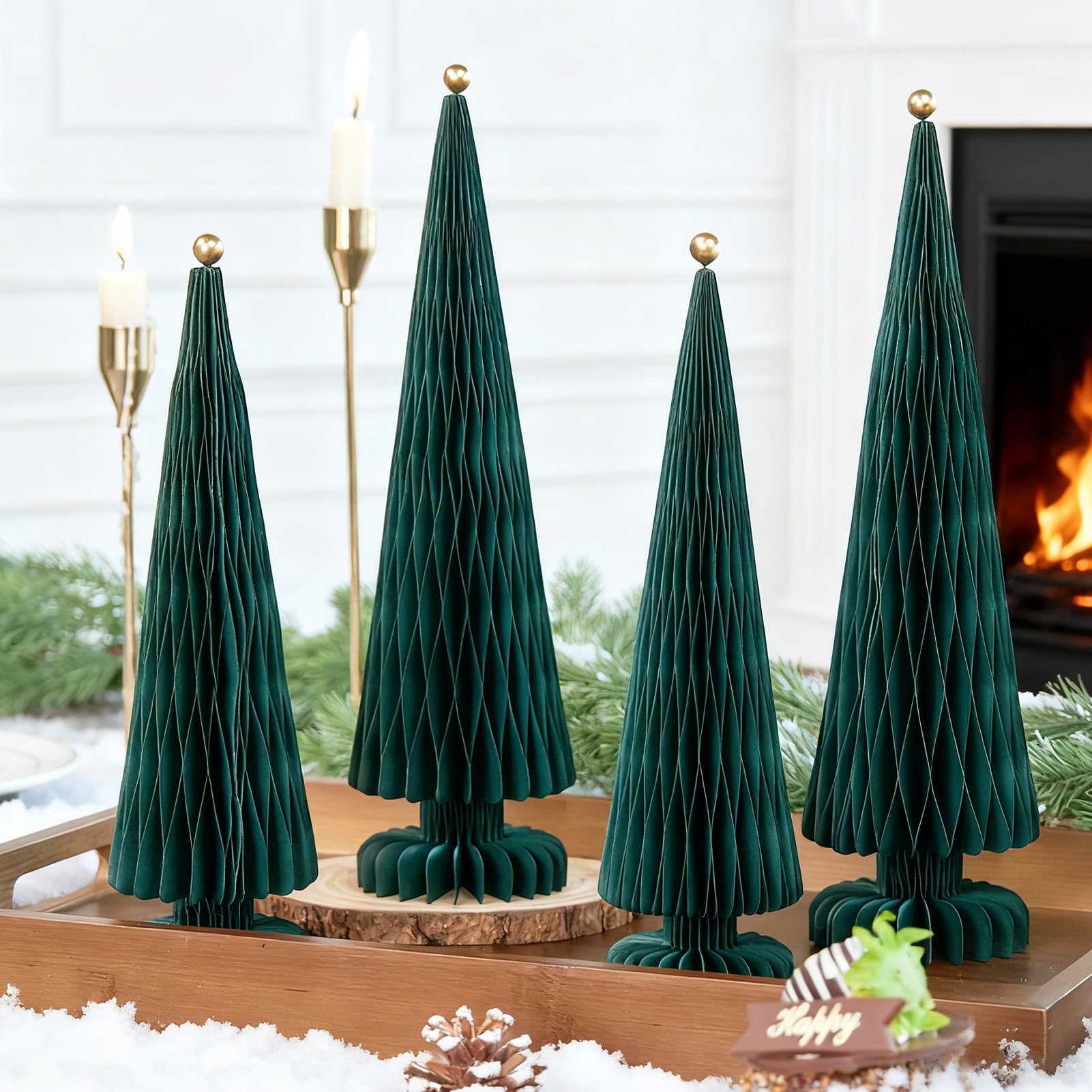 OBBOBO Green Paper Christmas Tree 4 Piece with Mini Shiny Ball Accent, XMARS Holiday Centerpieces for Home Office Party Decor