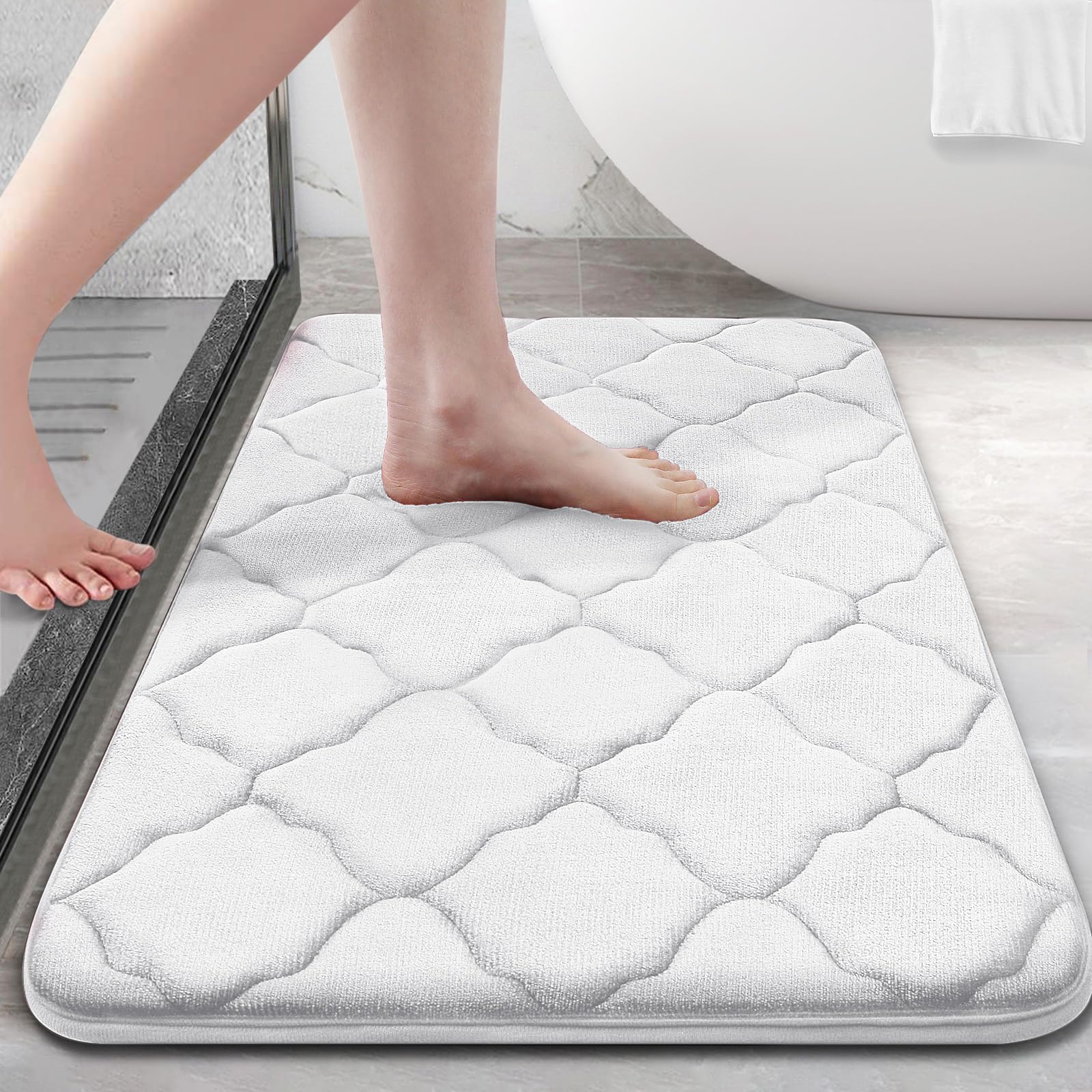 OLANLY Memory Foam Bath Mat Rug 36x24  Ultra Soft Non Slip and Absorbent Bathroom Rug  Machine Wash Dry  Comfortable  Thick Bath Rug Carpet for Bathroom Floor  Tub and Shower  White