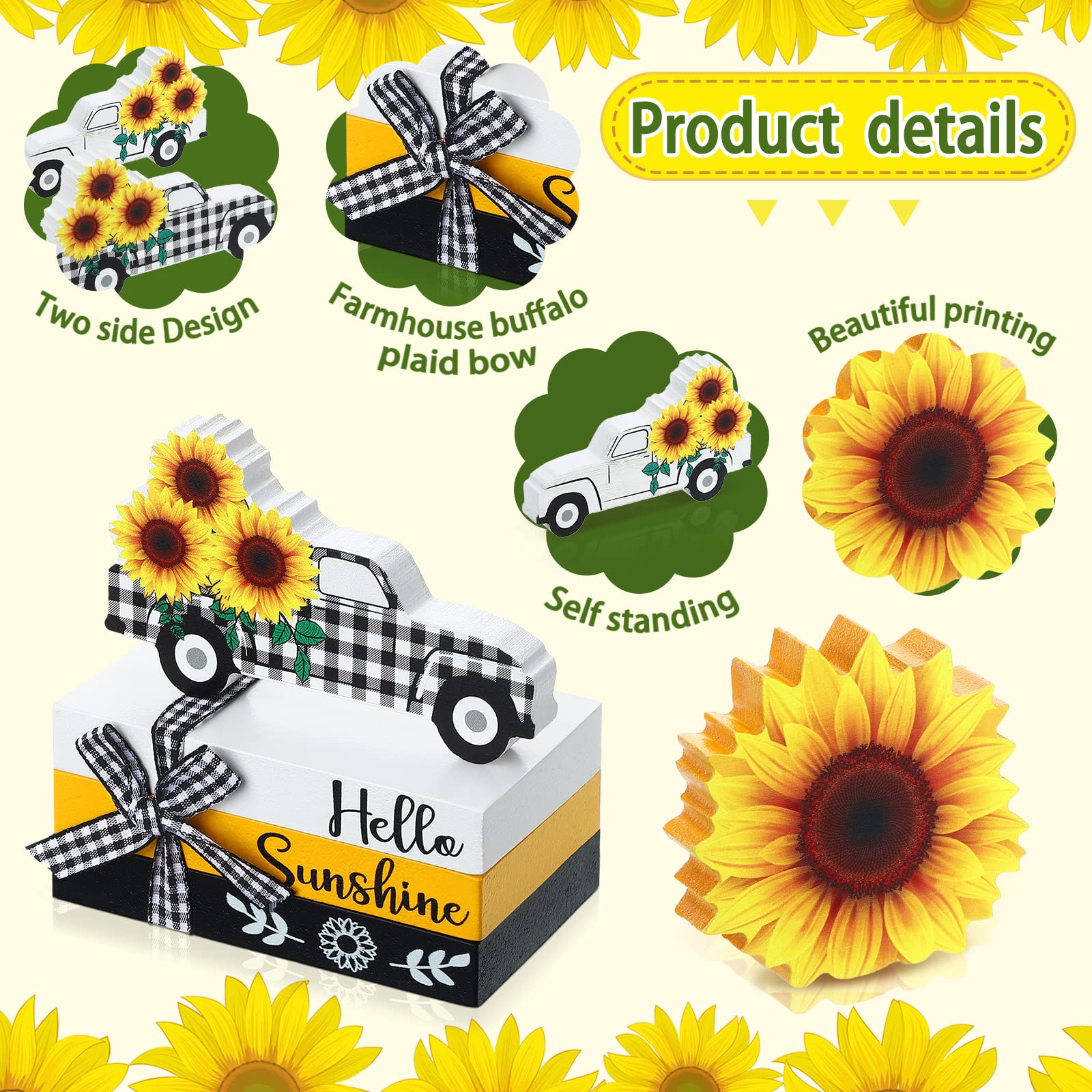 Yalikop 5 Pcs Sunflower Table Decorations Summer Tiered Tray Decor Mini Wooden Decorative Books Stack with Twine with Wood Truck