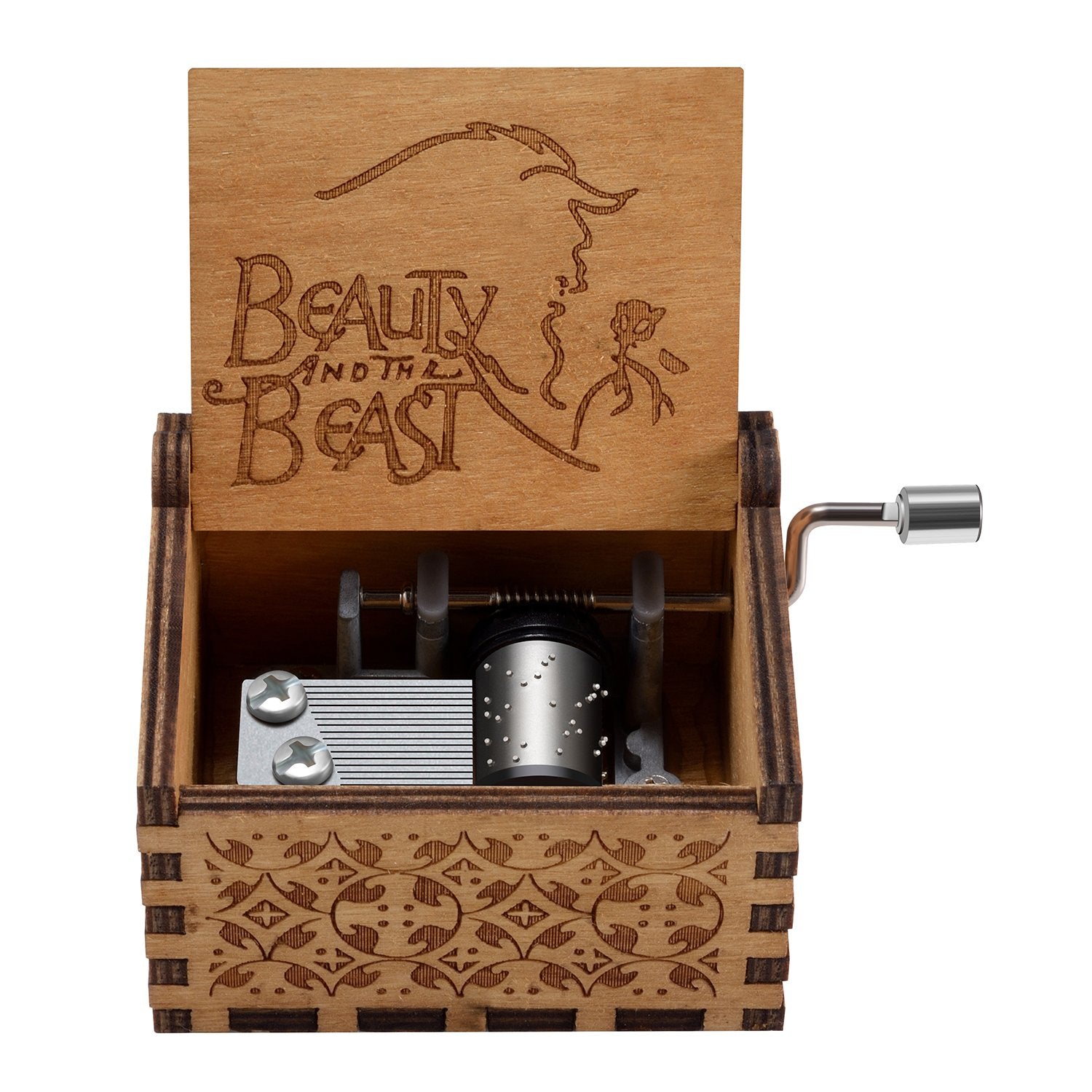 Huntmic Wooden Beauty and The Beast Music Box, Hand Crank Classic Antique Carved Wood Musical Boxes Birthday Gift for Kids Child