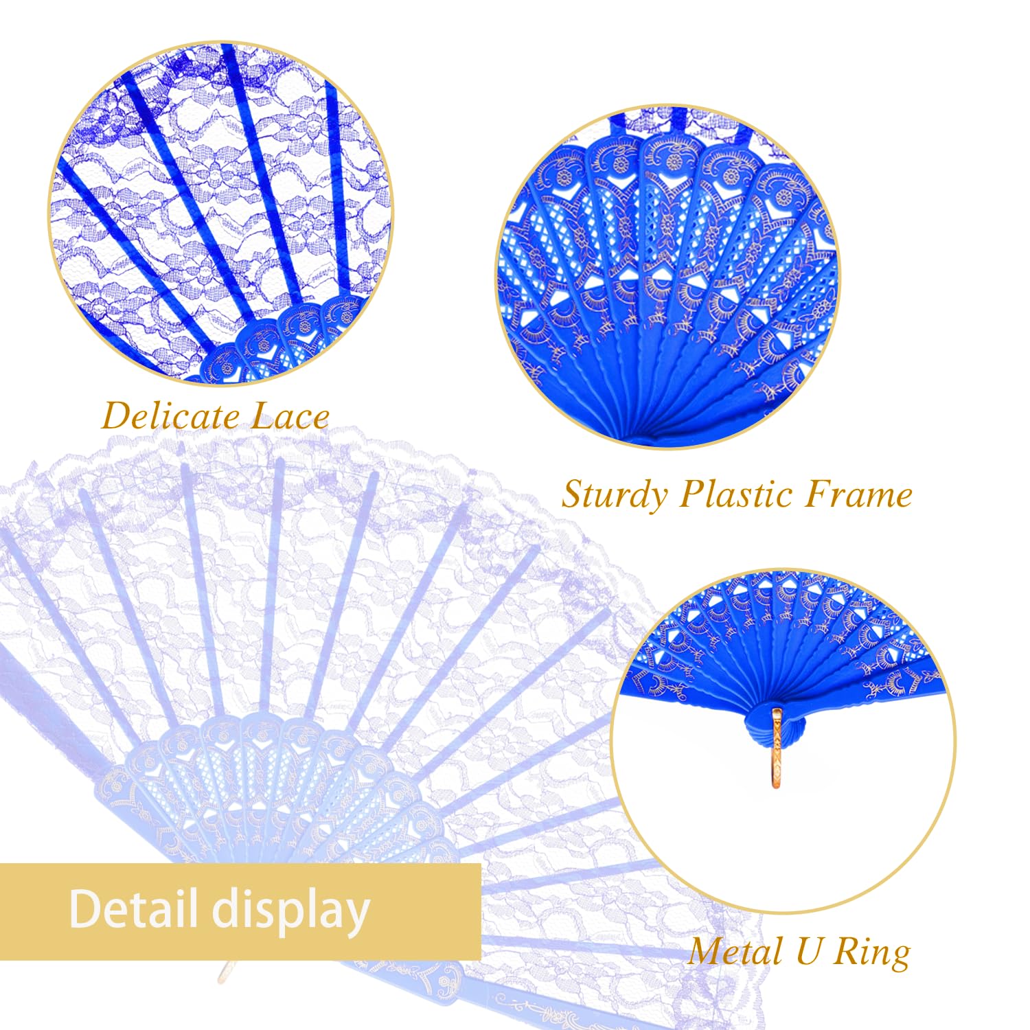 QIRMIZI 30 Pack Lace Handheld Folding Fan - Elegant Bamboo Silk Fan for Women's Wedding Decoration and Dancing Party - Royal Blu