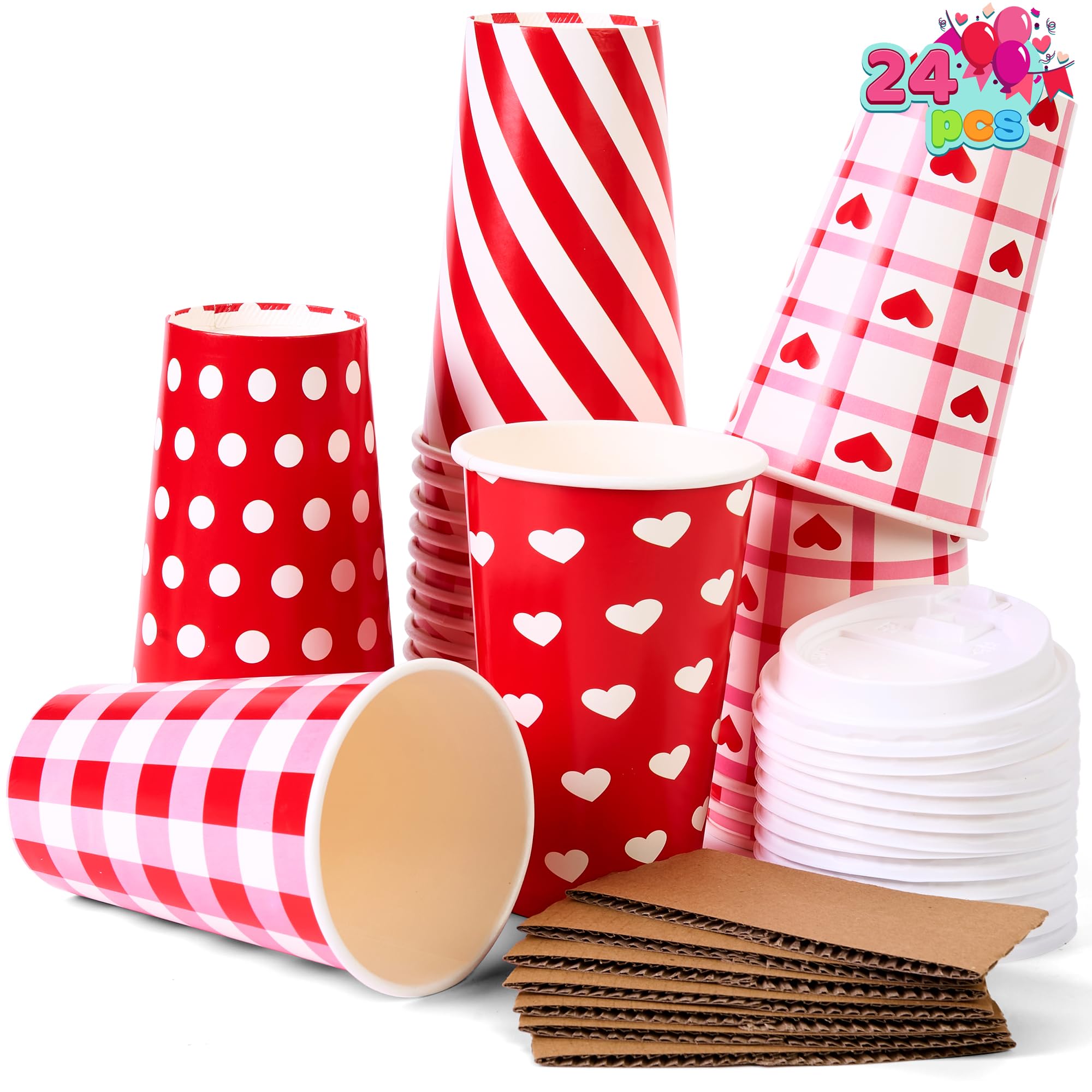 Joyin 24Pcs Valentine'S Day Disposable Cups With Cup Sleeve And Lid For Kids Party Favors, Classroom Exchange Prizes, Valentines