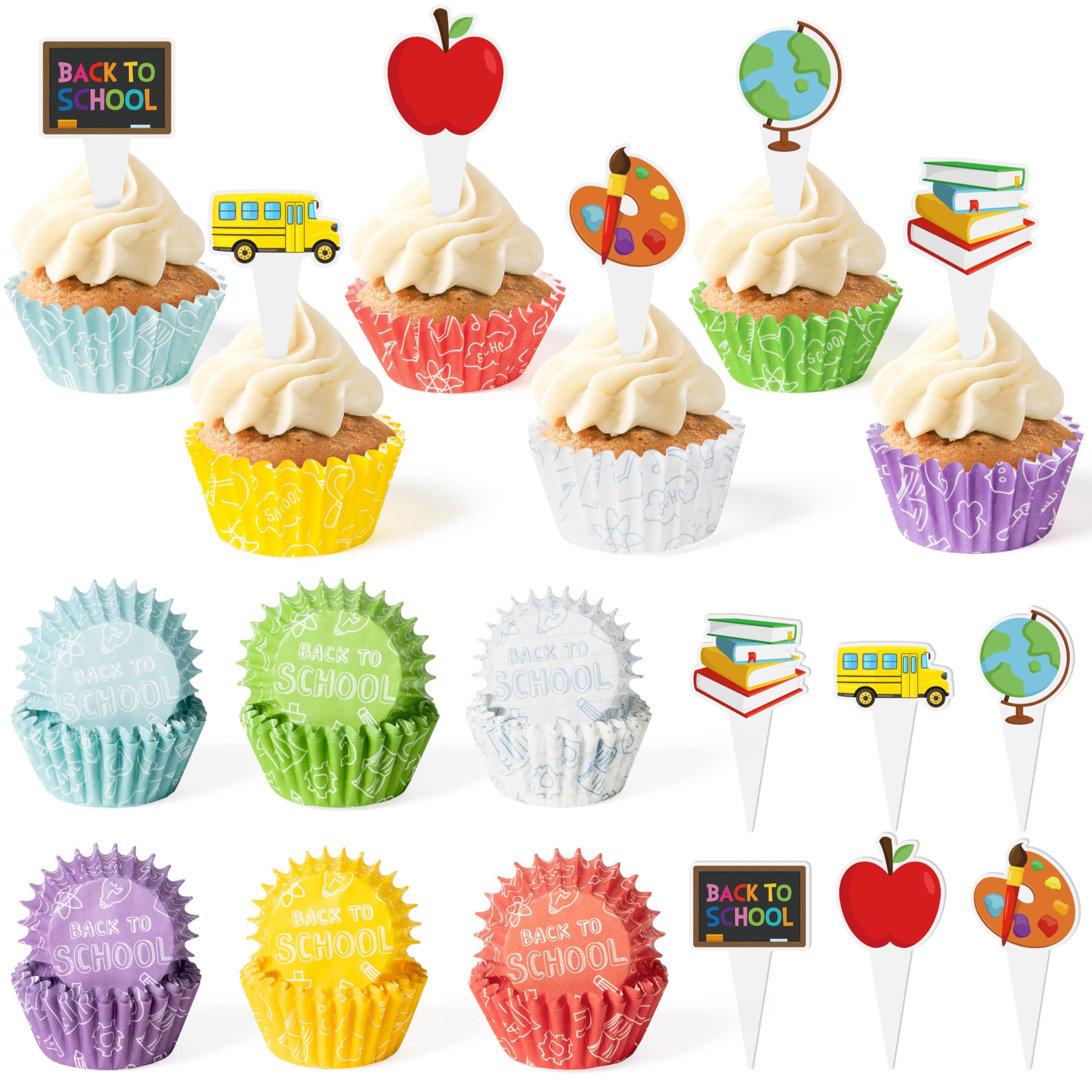 Cocnny 300Pcs Back To School Cupcake Liners, School Mini Cake Baking Cups, First Day Of School Cupcake Wrappers With Cupcake Top