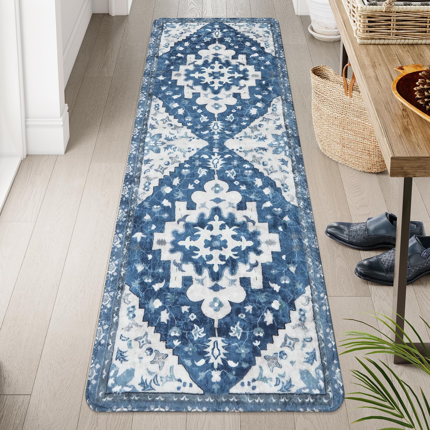 Uphome Boho Vintage Large Bathroom Rugs Blue Non-Slip Soft Hallway Runner Traditional Tribal Machine Washable Bedroom Rug Orient