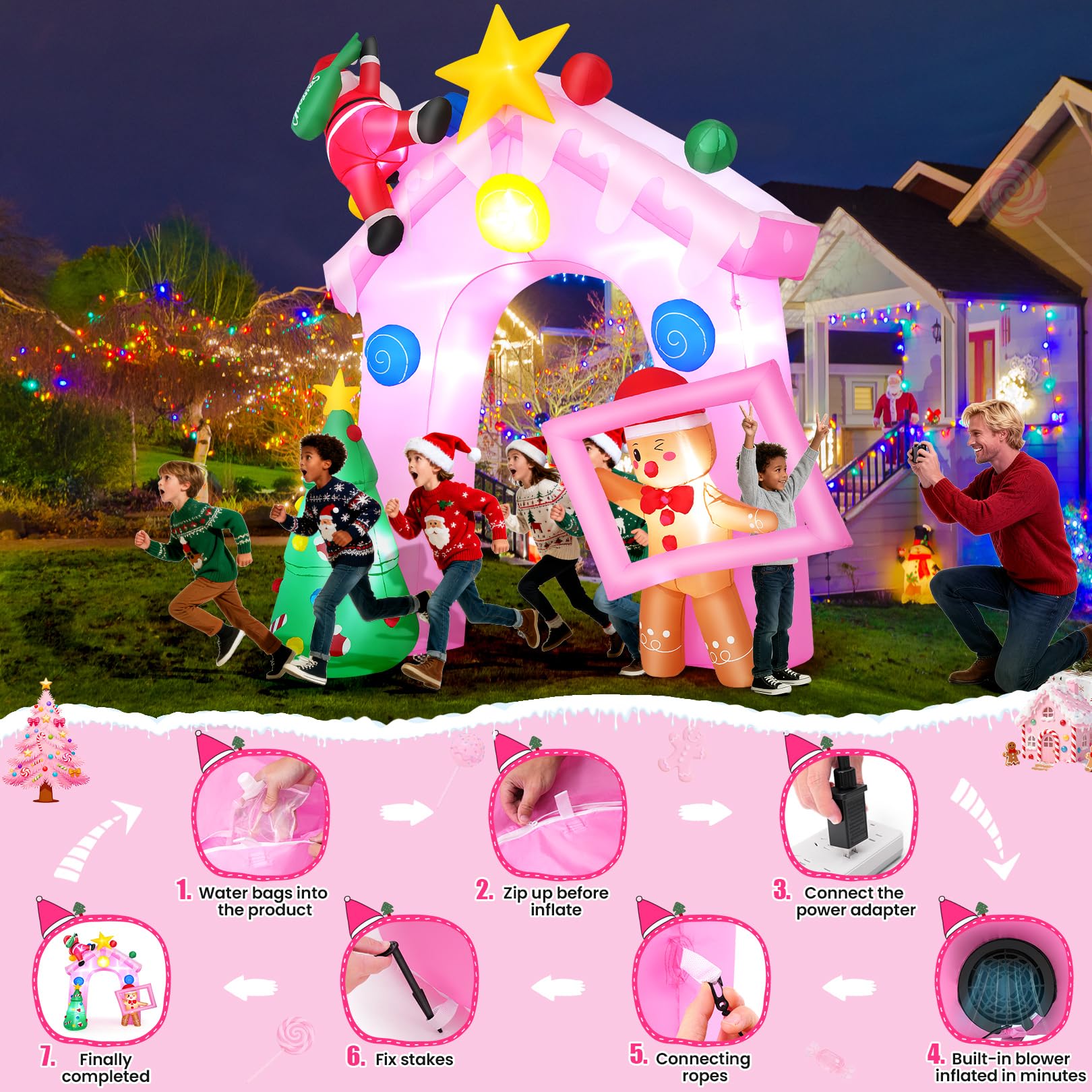 10 FT Pink Christmas Inflatable Archway with Build-in LED Lights, Candy House/Gingerbread Man/Christmas Tree/Santa/Star, Blow Up
