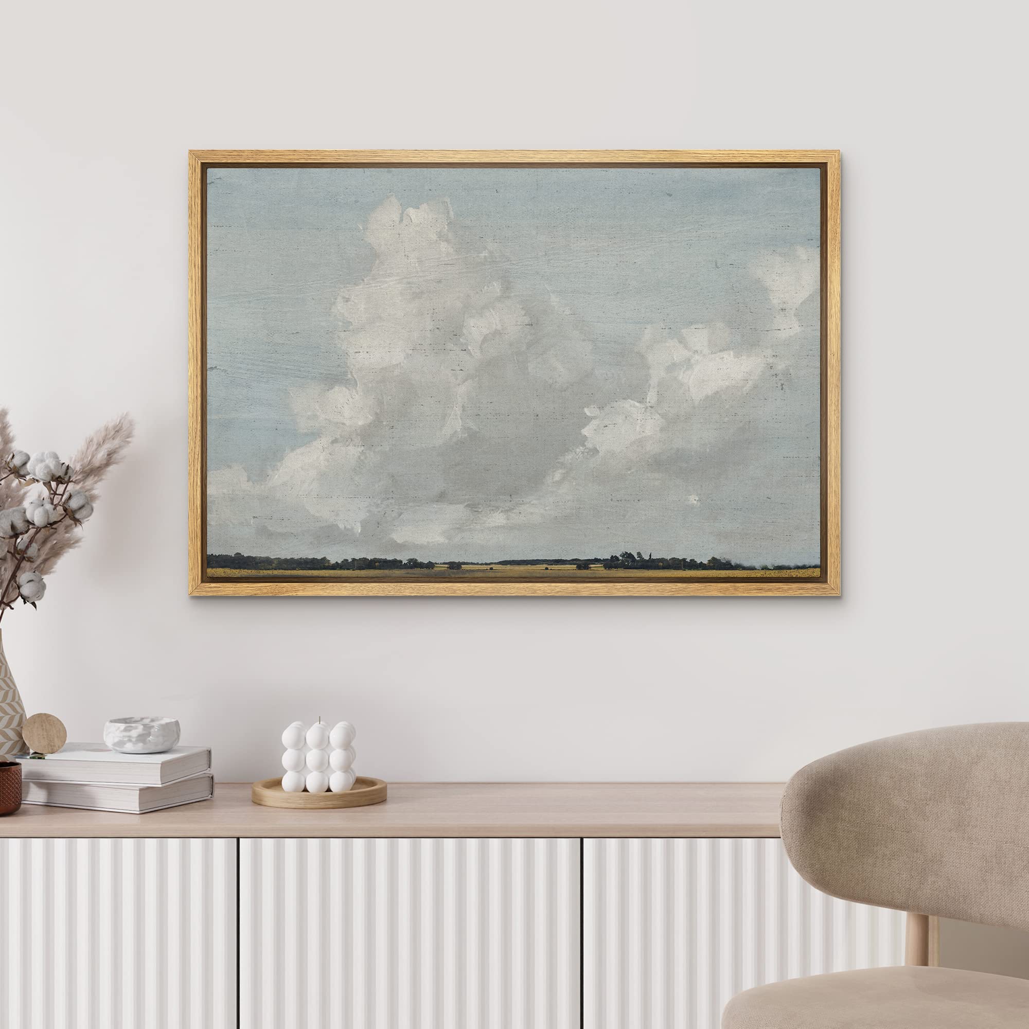 Mudecor Framed Canvas Print Wall Art Gray Clouds Over Rustic Field Landscape Nature Wilderness Illustrations Modern Art Farmhous