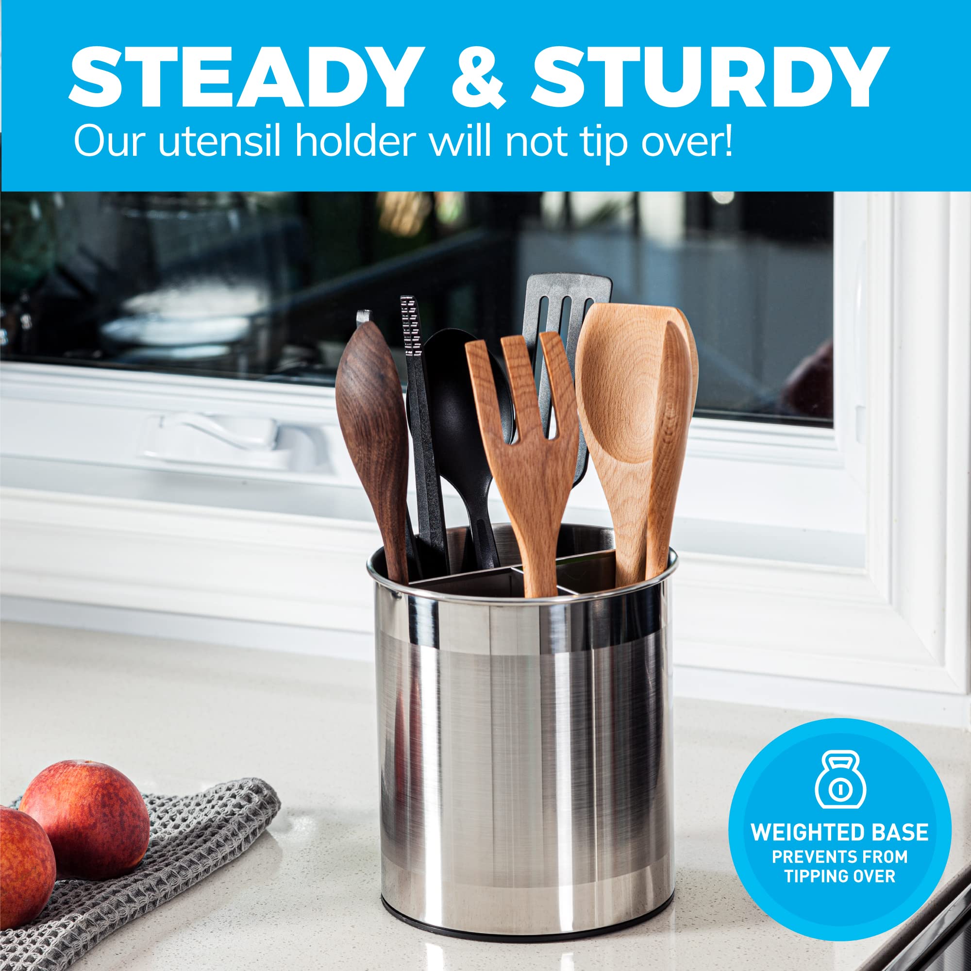 Cooler Kitchen Rotating Extra Large Stainless Steel Utensil Holder Caddy With Sturdy No-Tip Weighted Base, Removable Divider, An