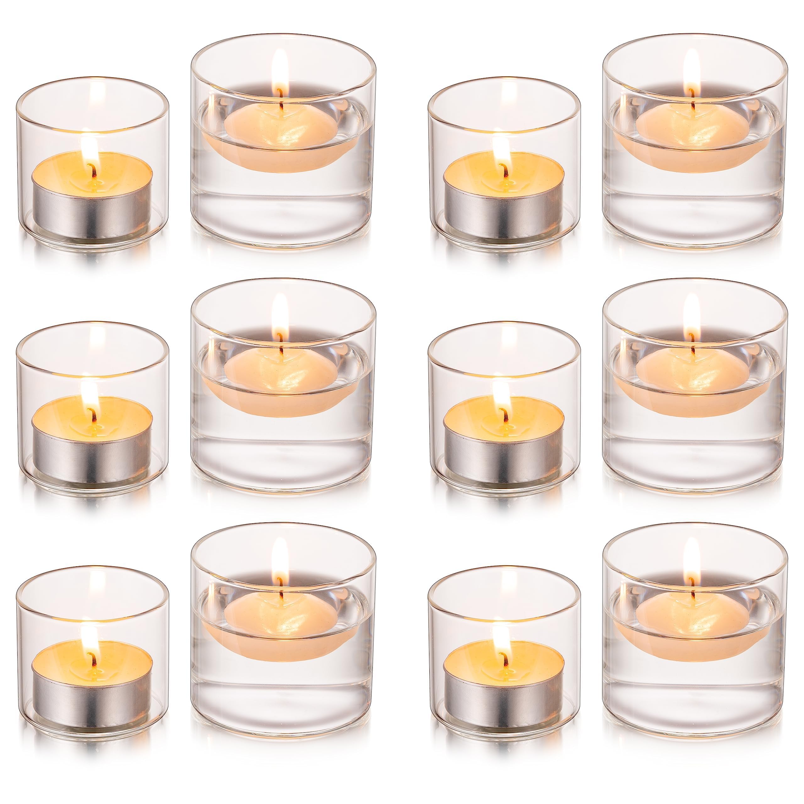 Glasseam Glass Votive Candle Holders, Clear Candle Holder Set of 12, Small Tea Lights Candle Holder, Mini Floating Candle Holder