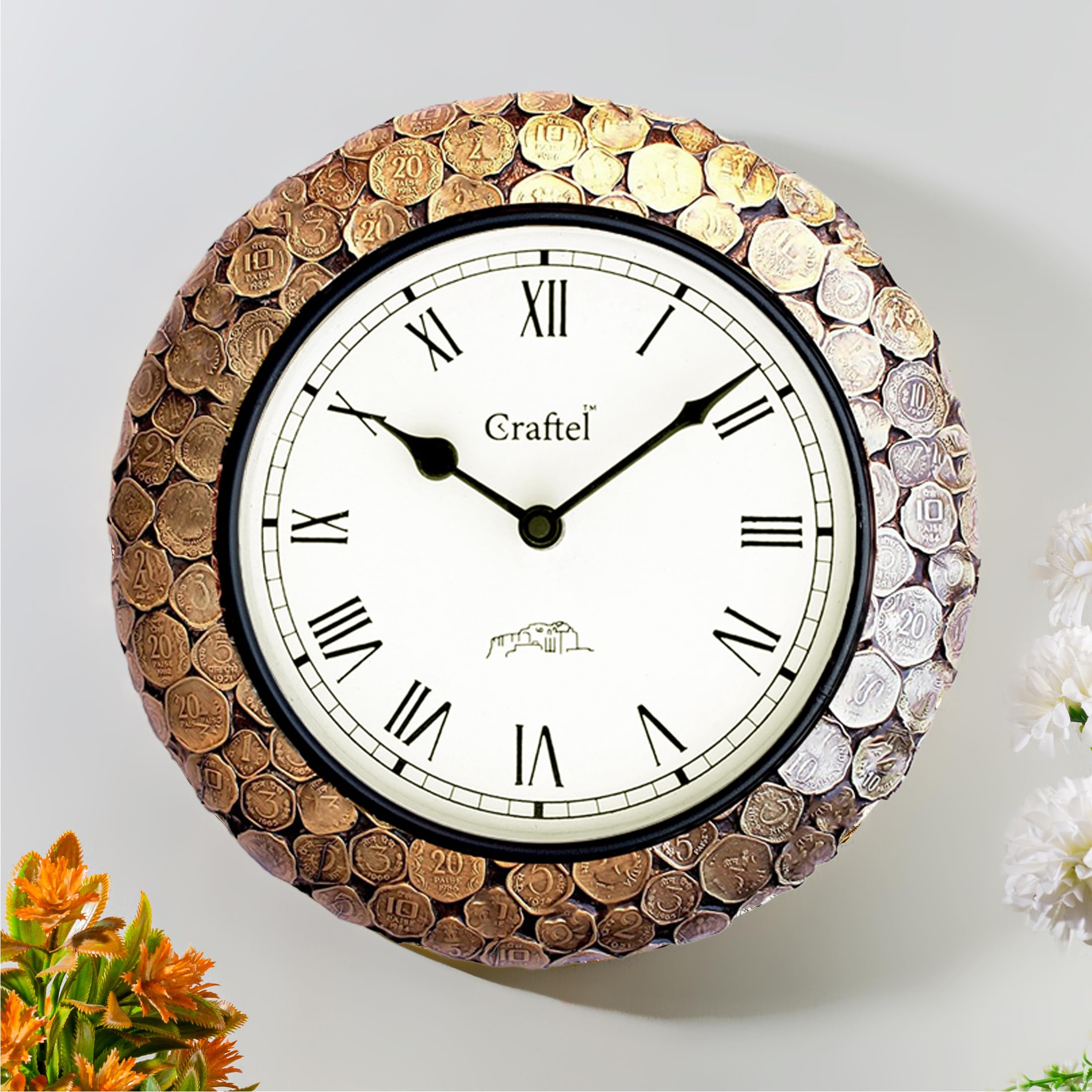Craftel Brass Roman Analog Coin Desgin Wall Clock Handcrafted Clock Decorative Vintage Wall Clock For Bedroom Living Room Home (