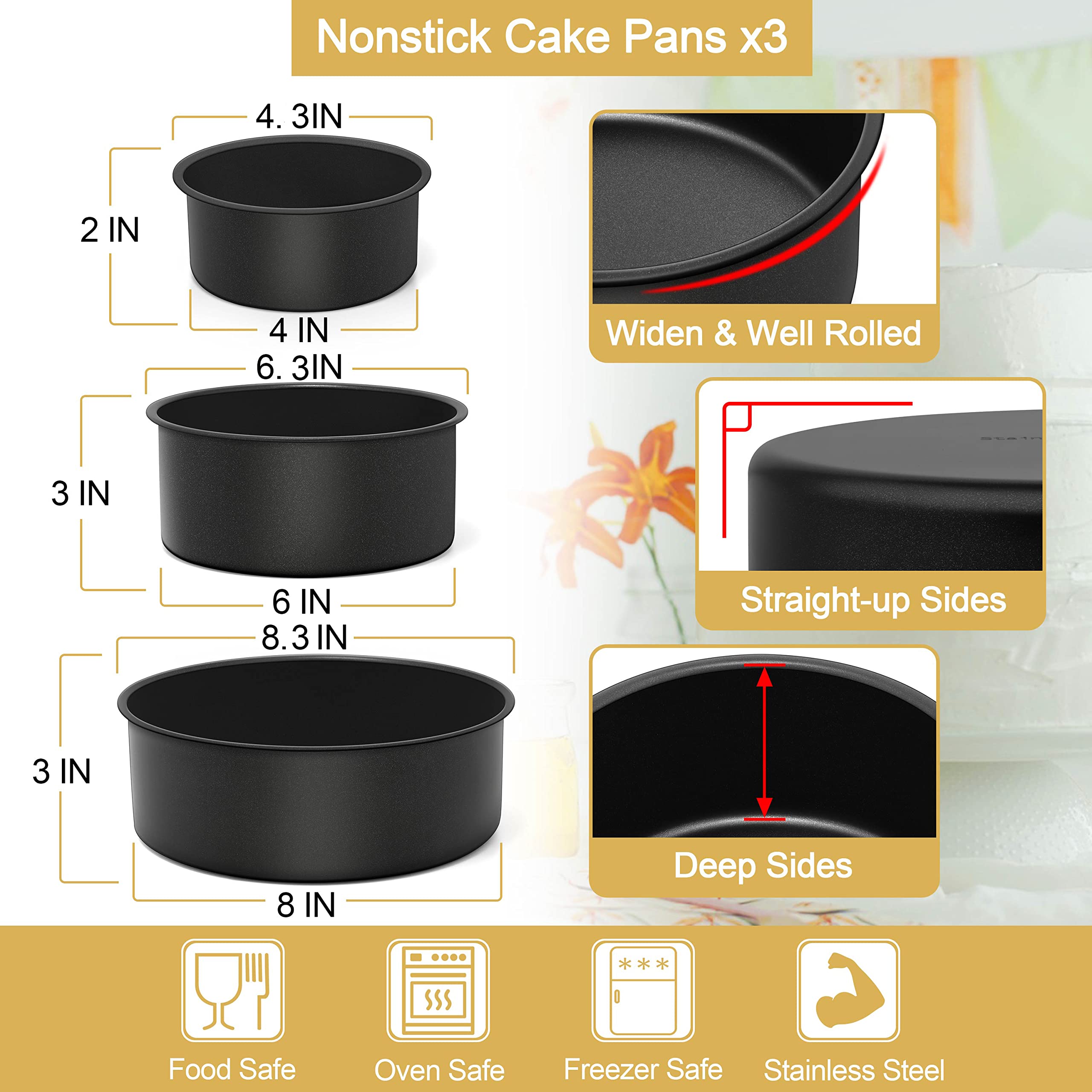 E-Far Deep Cake Pan Set Of 3 (4/6/8 Inch), Nonstick Stainless Steel Round Cake Pans Tins For Baking Layer Wedding Cakes, Stainle