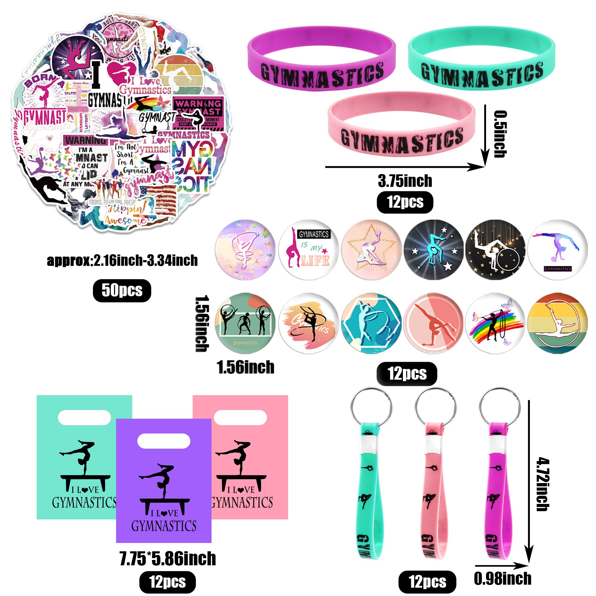 Banballon 98 Gymnastics Party Favors, Gymnastics Keychain Goodie Bags With Rubber Bracelets, Button Pins, Bags And Stickers For