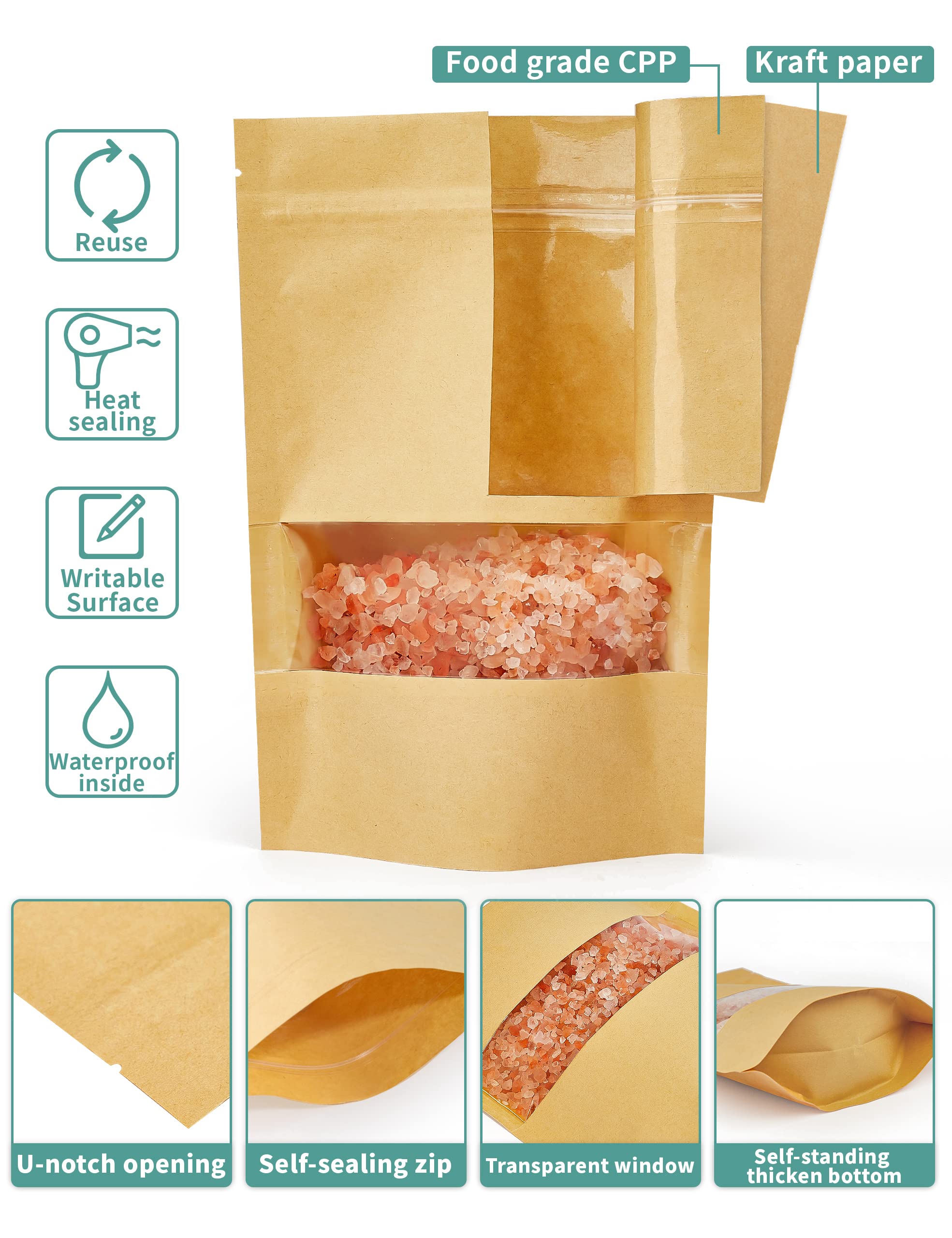 FireKylin 100 Pcs Kraft Paper Bags with Window  6.7'' x 9.4'' Stand Up Pouches Bags  Zip Lock Food Storage Bags for Packaging Products  Reusable  Sealable