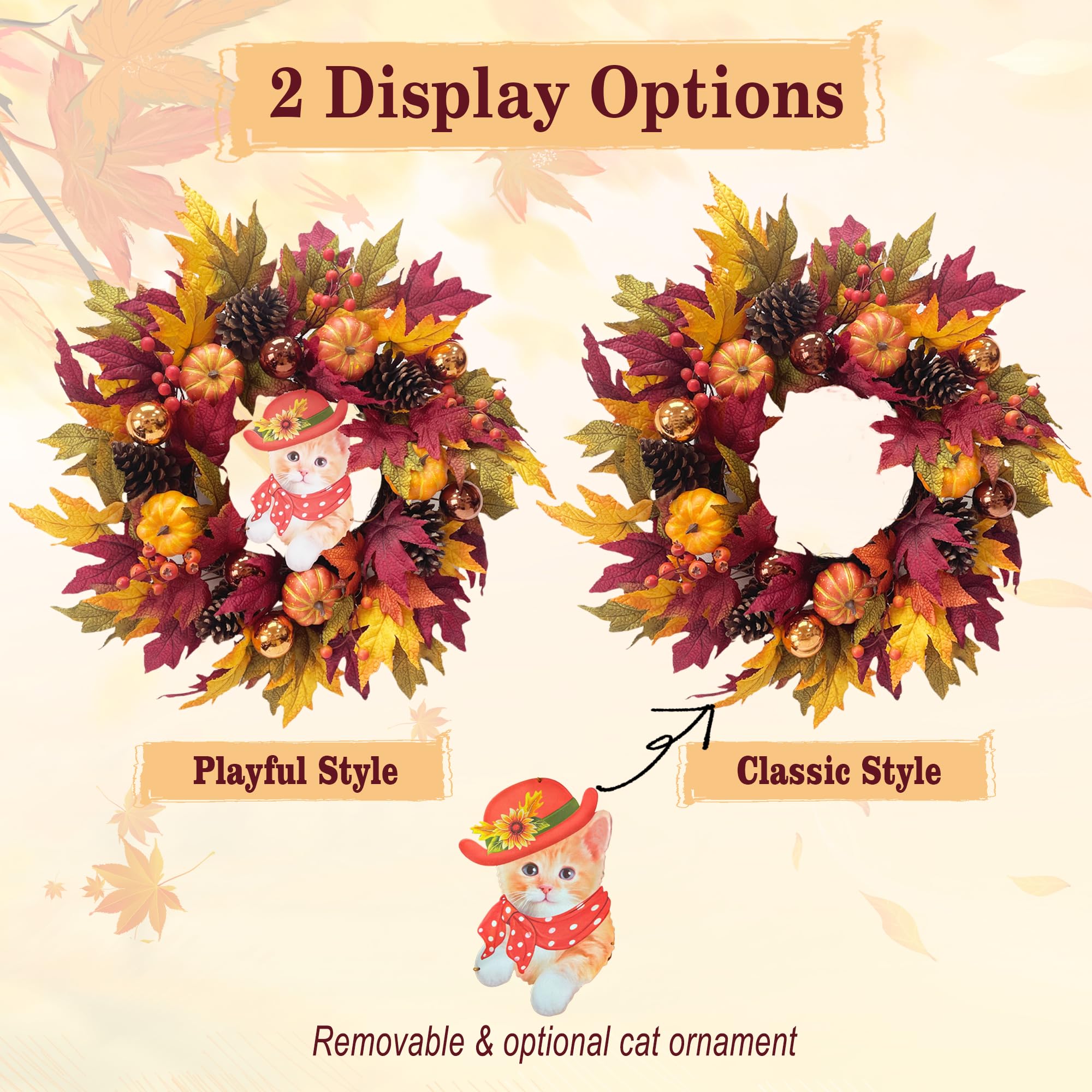 24 Fall Wreath with Pumpkins, Maple Leaves & Timer LED Lights - Autumn Front Door Wreath with Removable Cat Decor, Thanksgiving