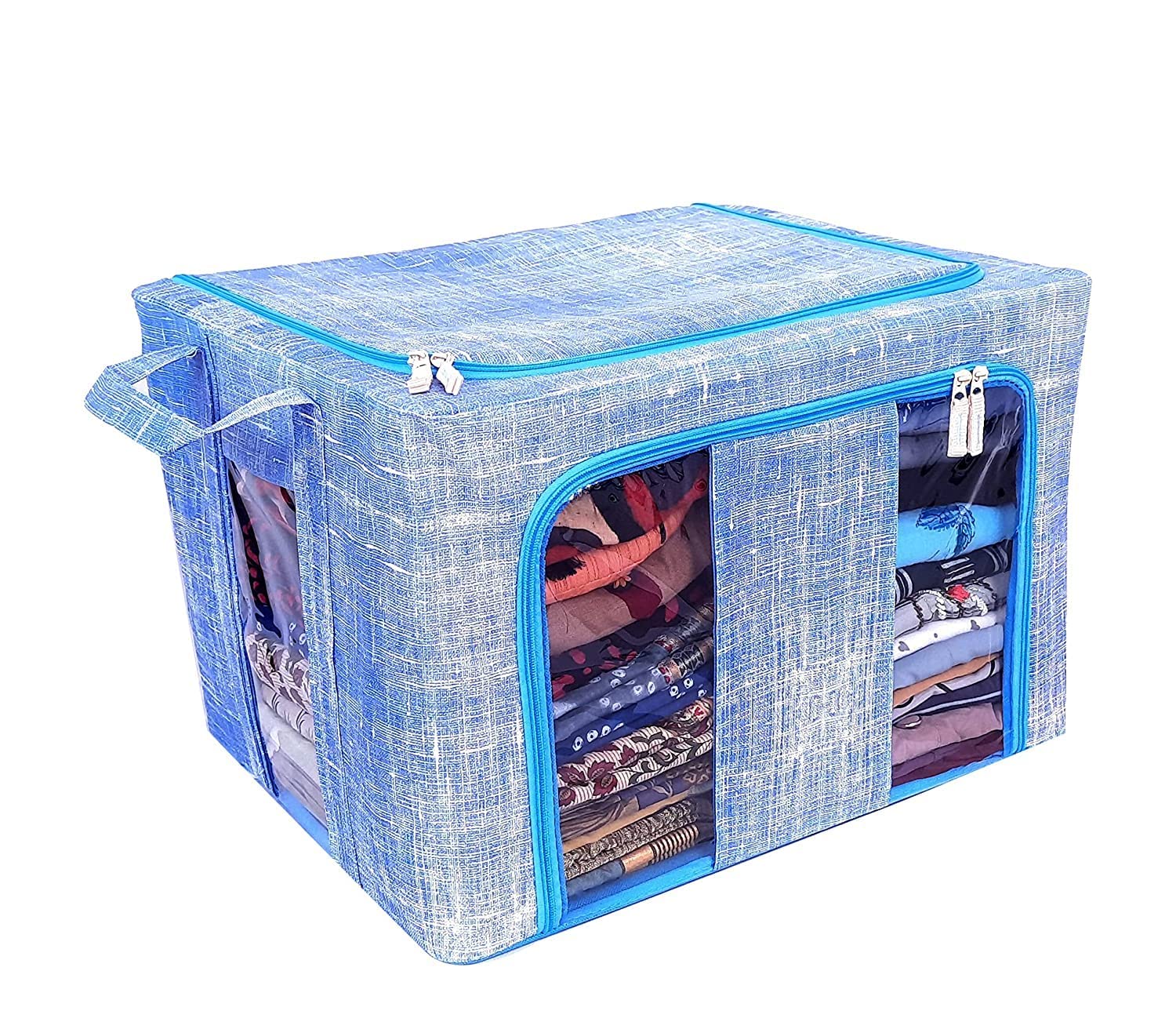Touchcart Foldable Oxford Waterproof Fabric Storage Bag 66L Clothes Saree Organizer With Steel Frame Clear Transparent Window Re