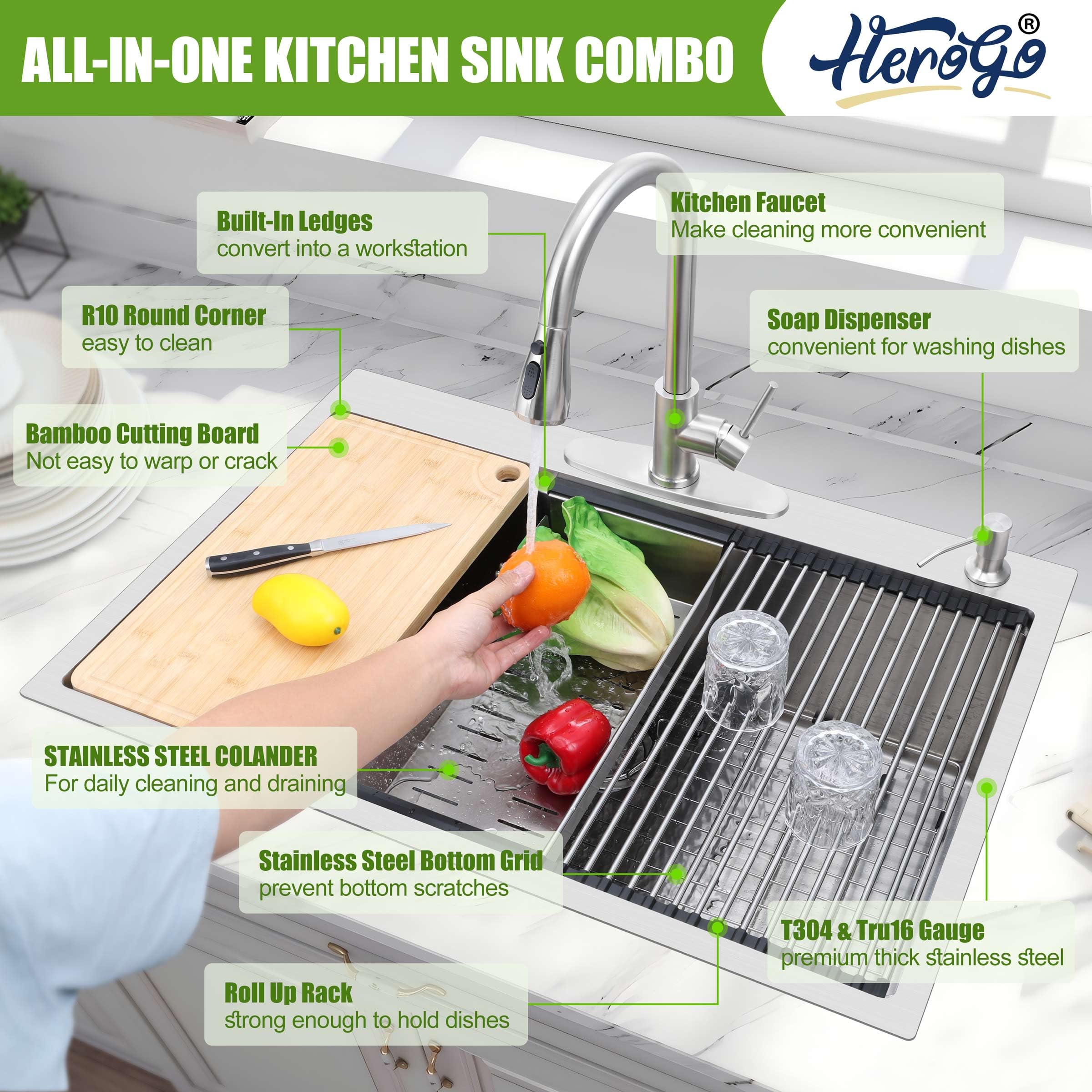 Herogo 33X22Inch Drop In Kitchen Sink With Kitchen Faucet, 18/10 Stainless Steel Single Bowl Kitchen Workstaion Sink, Topmount H