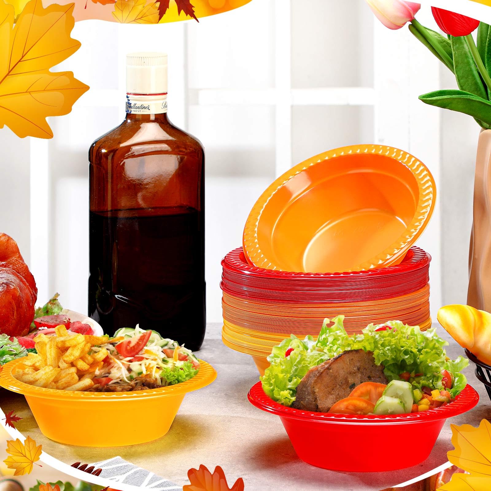 Layhit 100 Pcs Thanksgiving Plastic Bowls 12 oz Disposable Salad Yellow Red Orange Plastic Serving Autumn Party Supplies Candy S