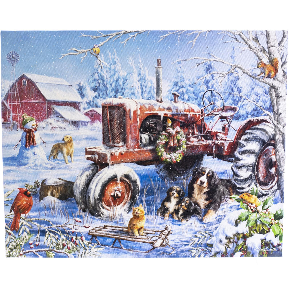 Led Lighted Wall Canvas Art With Timer, Tractor And Cardinals Painting Lit Up Merry Christmas Pictures, Winter Scene Poster With