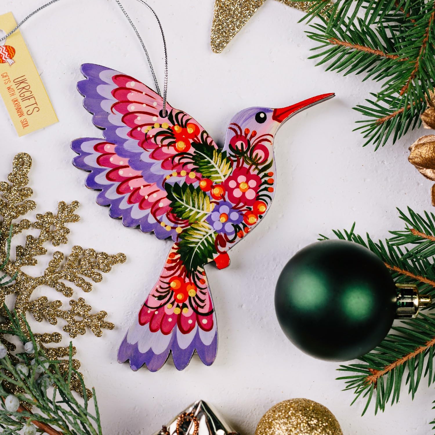 Wooden Christmas Ornament Hummingbird 4,7 ? 4 ? 0,2 Inch - Hand-Painted Ukrainian Folk Art - Petrykivka Painting