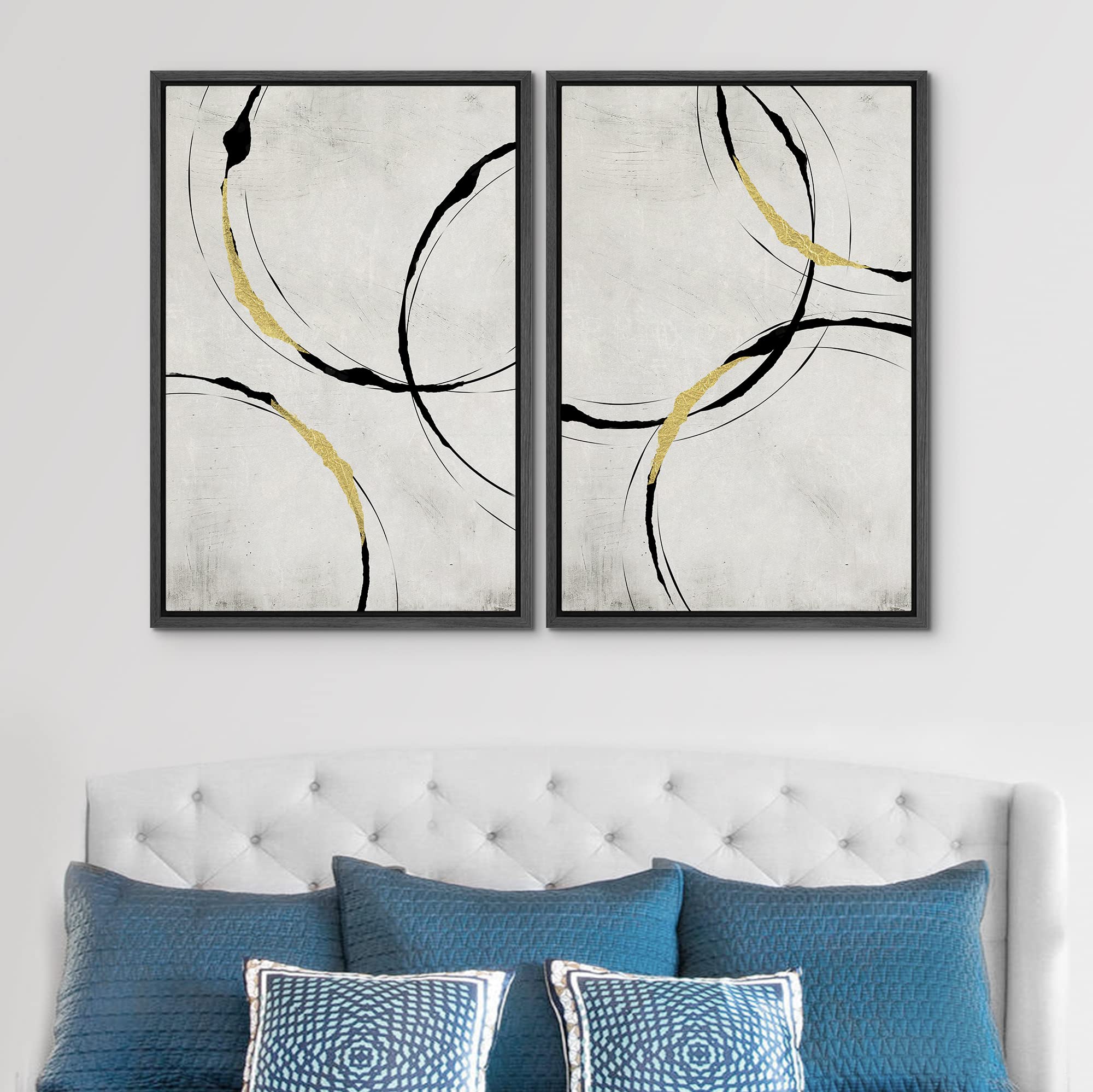 SIGNWIN Framed Canvas Print Wall Art Set Black Gold Geometric Ring Pattern Abstract Shapes Illustrations Minimalism Decorative Bohemian Relax/Zen for Living Room  Bedroom  Office - 24''x36''x2 Black