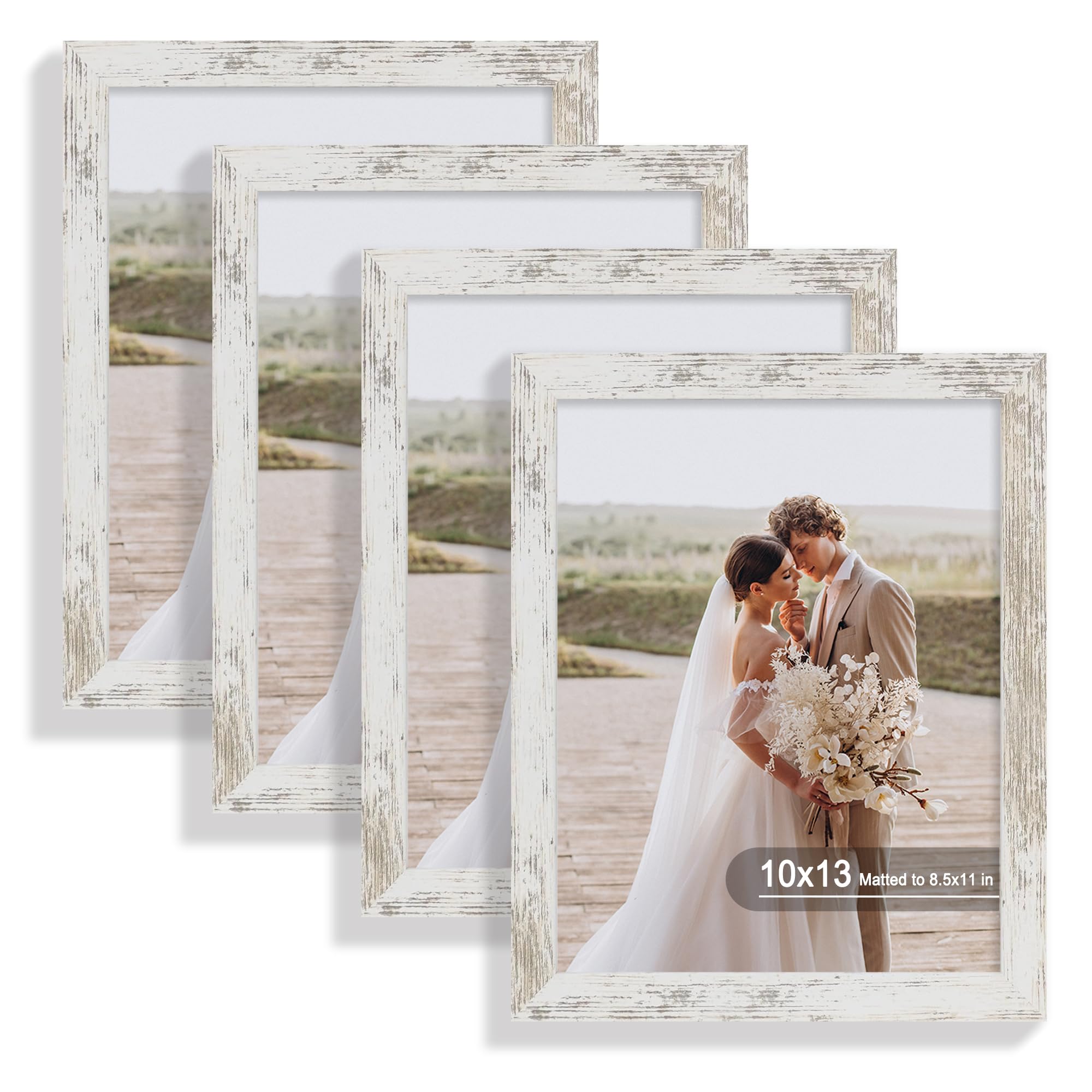 Hongkee 10x13 Picture Frame Set of 4, Made of Real Glass and Distressed White Frame, 10 by 13 Photo for Wall or Tabletop - Displ