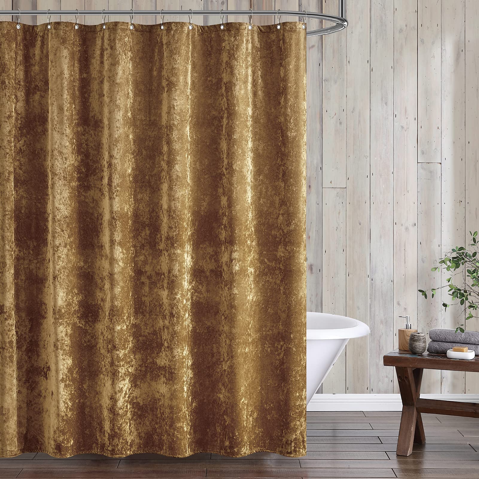 Fredsure Distressed Velvet Shower Curtain Set, 13 Pieces Caramel Gold Including1 Piece 72''X72'' Shower Curtain And 12 Pieces Si