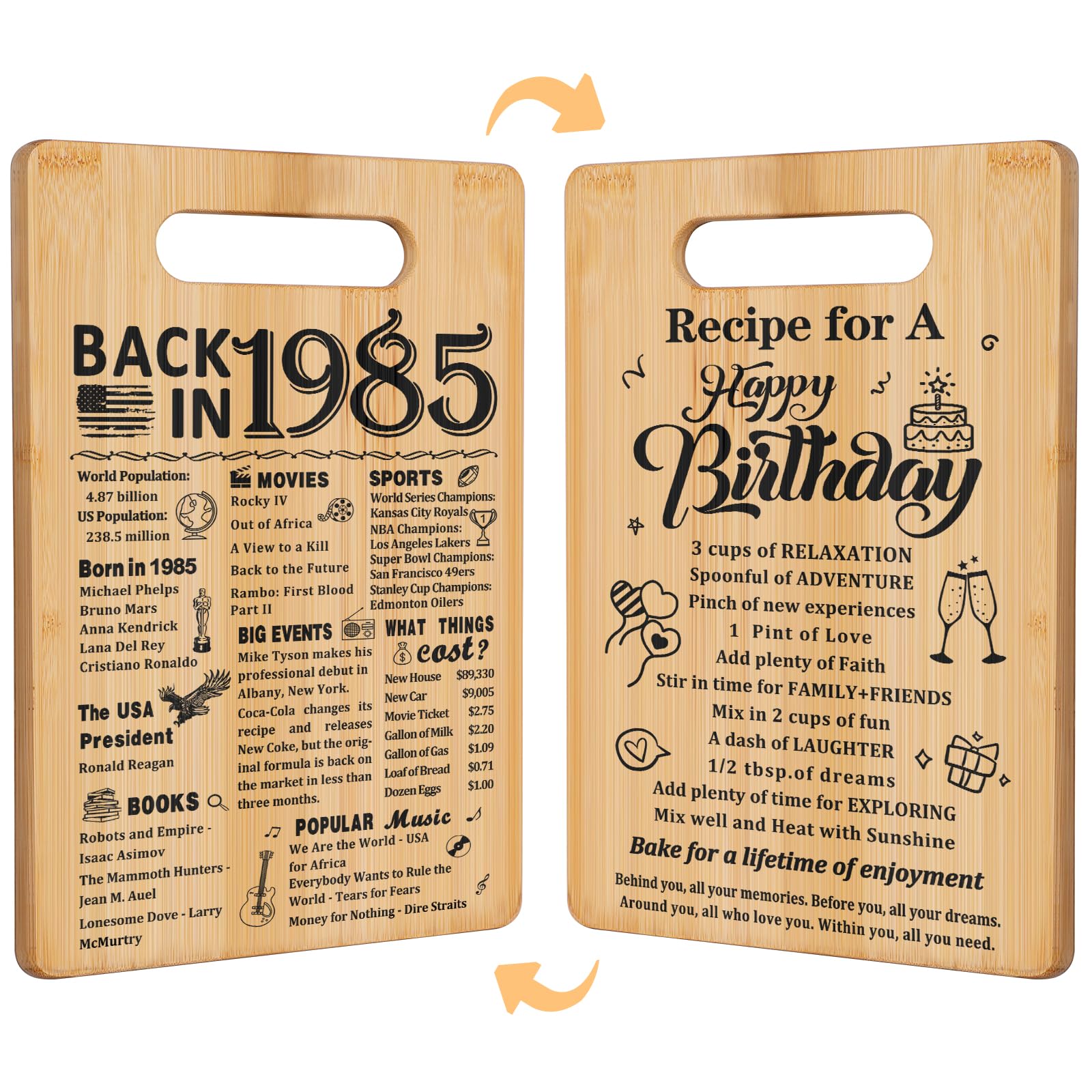 40th Birthday Gifts for Women Men,Back In 1985&Recipe for A Happy Birthday Double sided Cutting Board present for Her Him,40th B