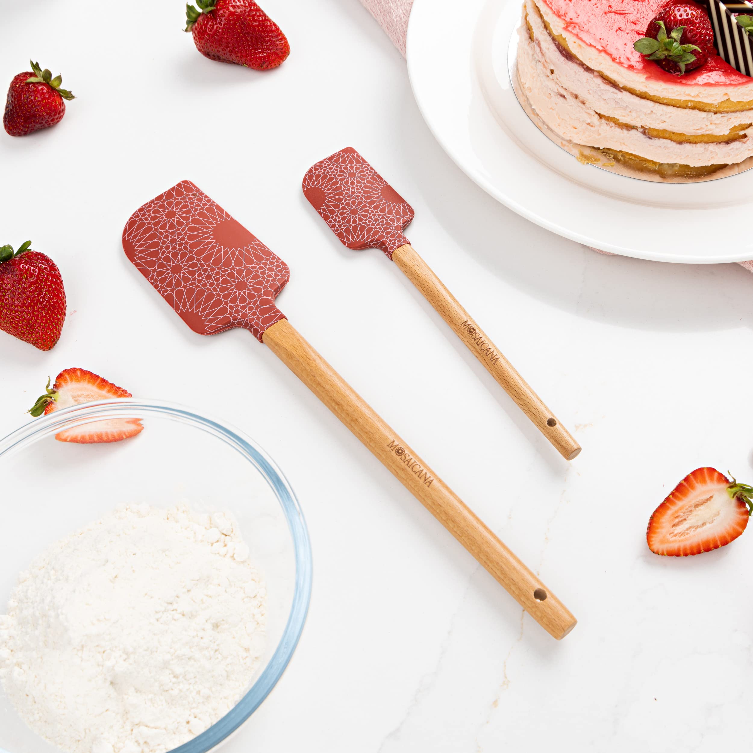 Silicone Spatula Set Of 2 With Wooden Handle And Stunning Pattern (Red)
