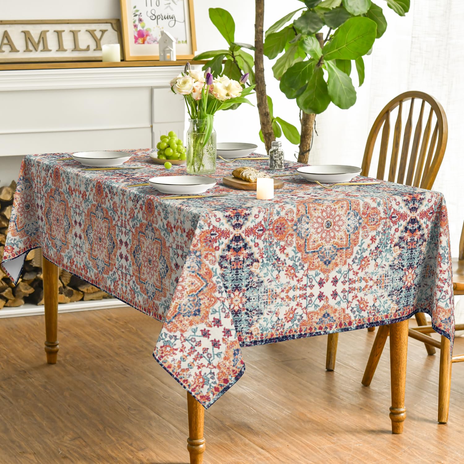 Horaldaily Boho Bohemia Style Tablecloth 52  70 Inch Rectangular, Vintage Country Rustic Farmhouse Magical Orange Washable Table